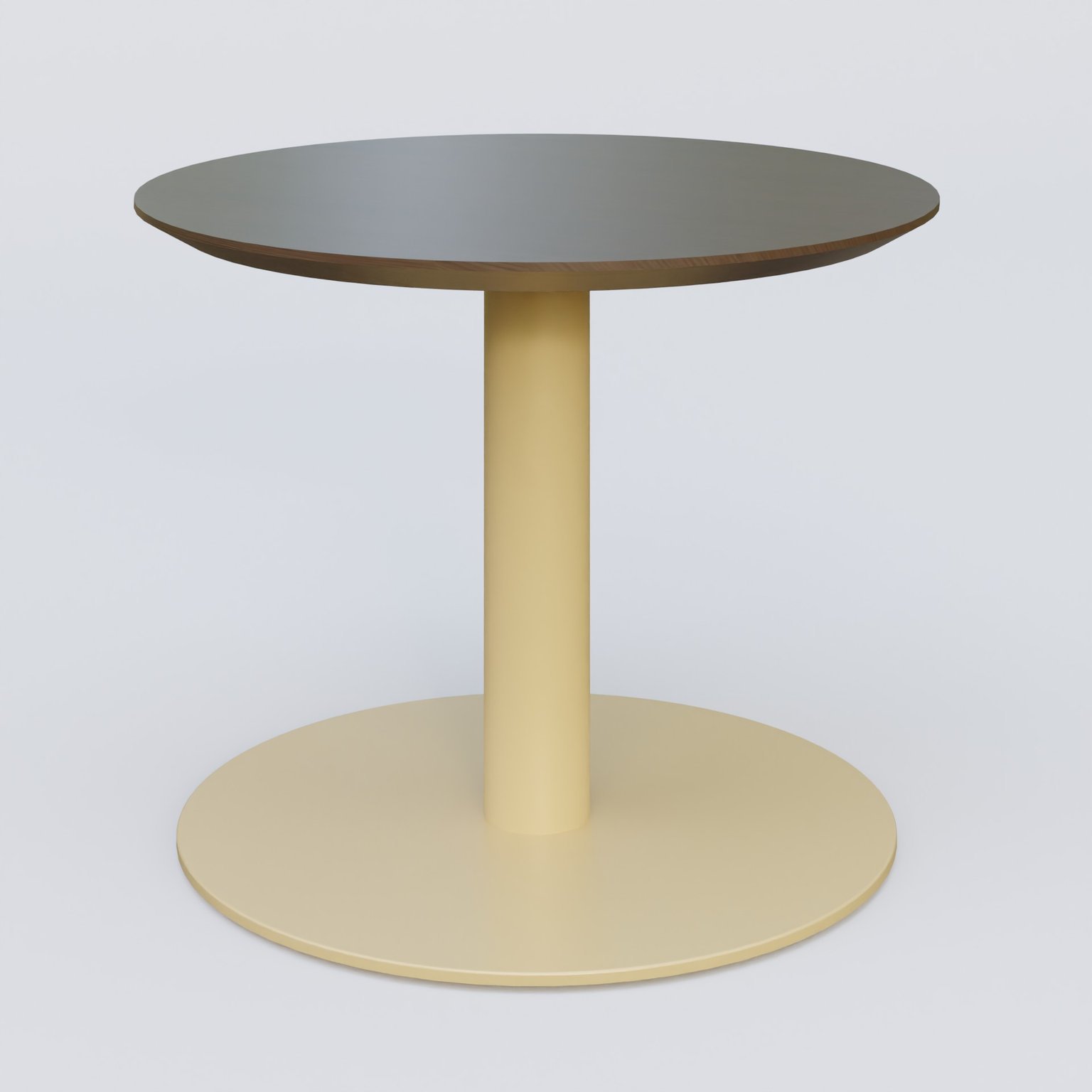 Table Basse Fashion Styl piètement colonne en métal et plateau bois. Plateau Chêne Moka et pietement Jaune Cuivre (RAL 1002).