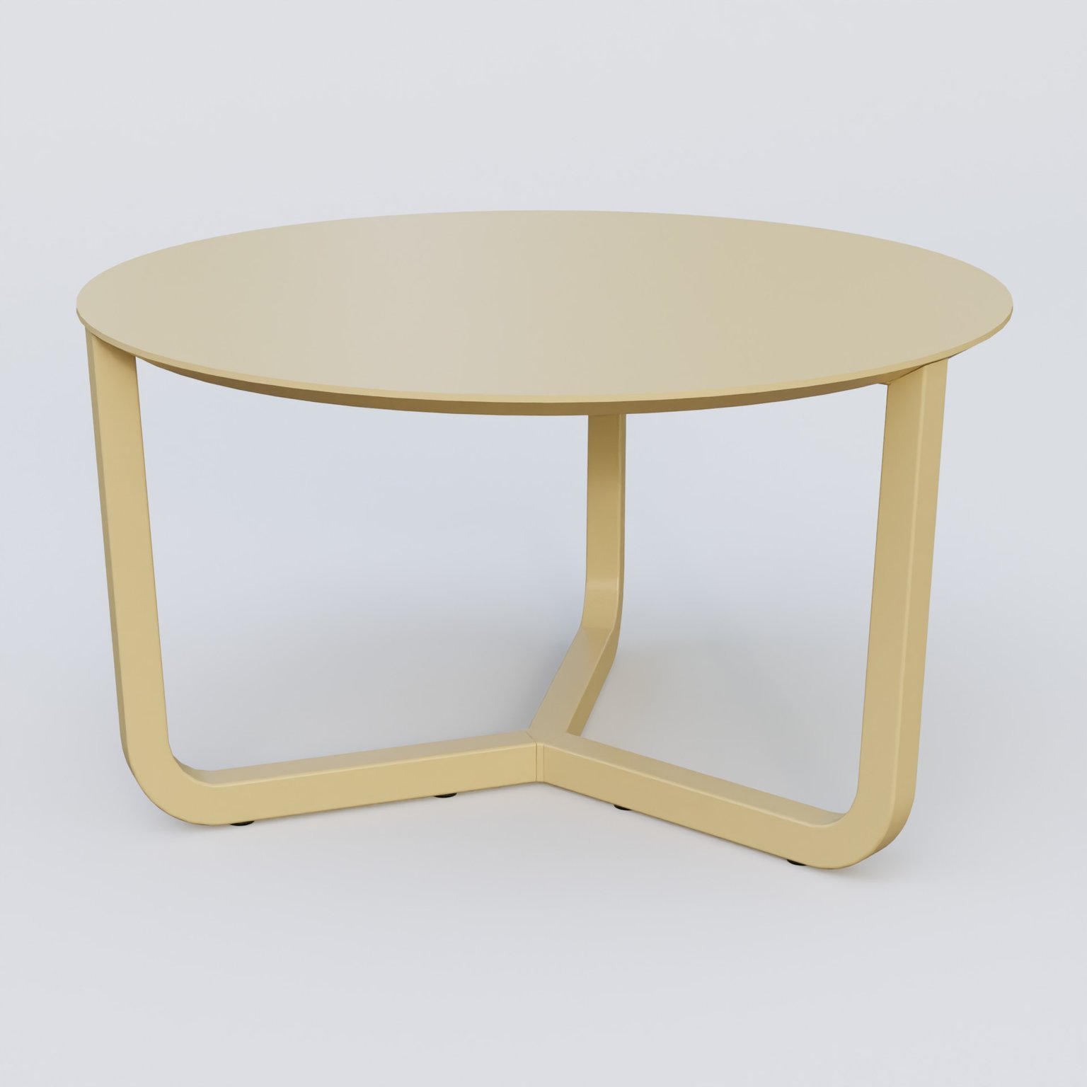 Table Basse Fashion Styl piètement tryptique en métal et plateau bois. Plateau Jaune Cuivre (RAL 1002) et pietement Jaune Cuivre (RAL 1002).