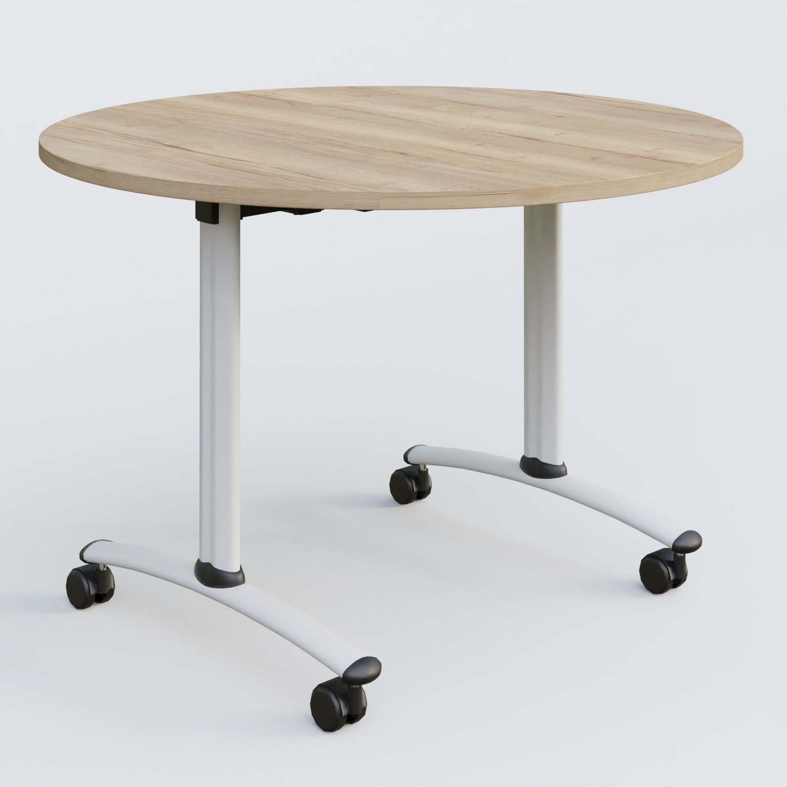 Table ronde gamme Arca D110 cm. Plateau Chêne naturel et pietement Blanc.