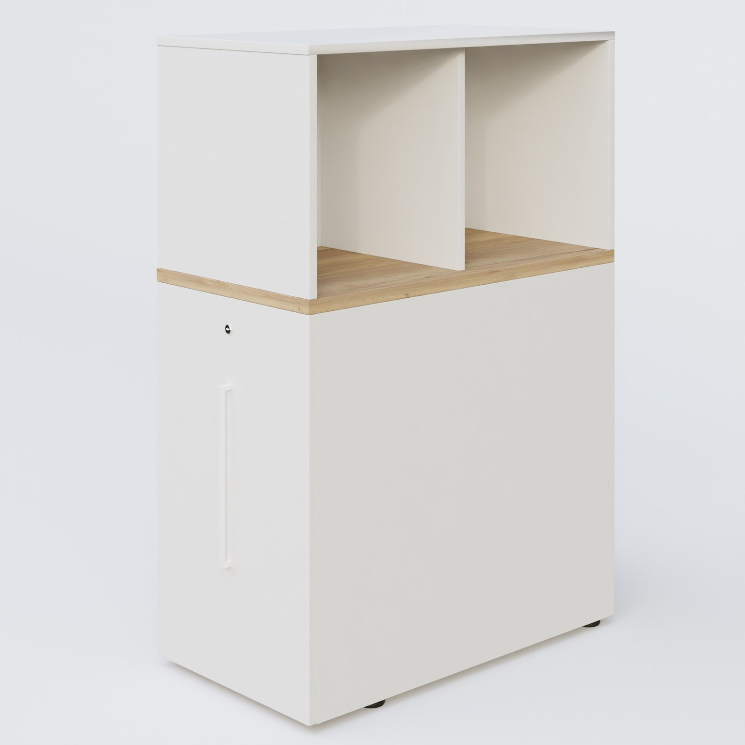 Tour de rangement hauteur de bureau position à gauche avec Niche. Caisson Chêne naturel et top de finition Blanc.