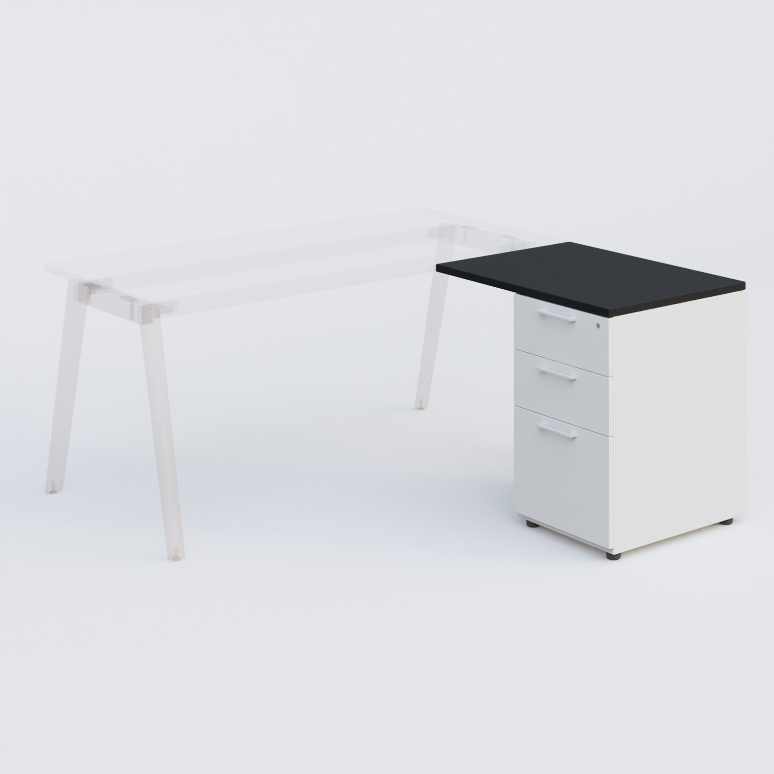 Extensions retour sur caisson 80*60 cm avec 3 tiroirs pour bureau K9. Plateau Noir et caissonBlanc.