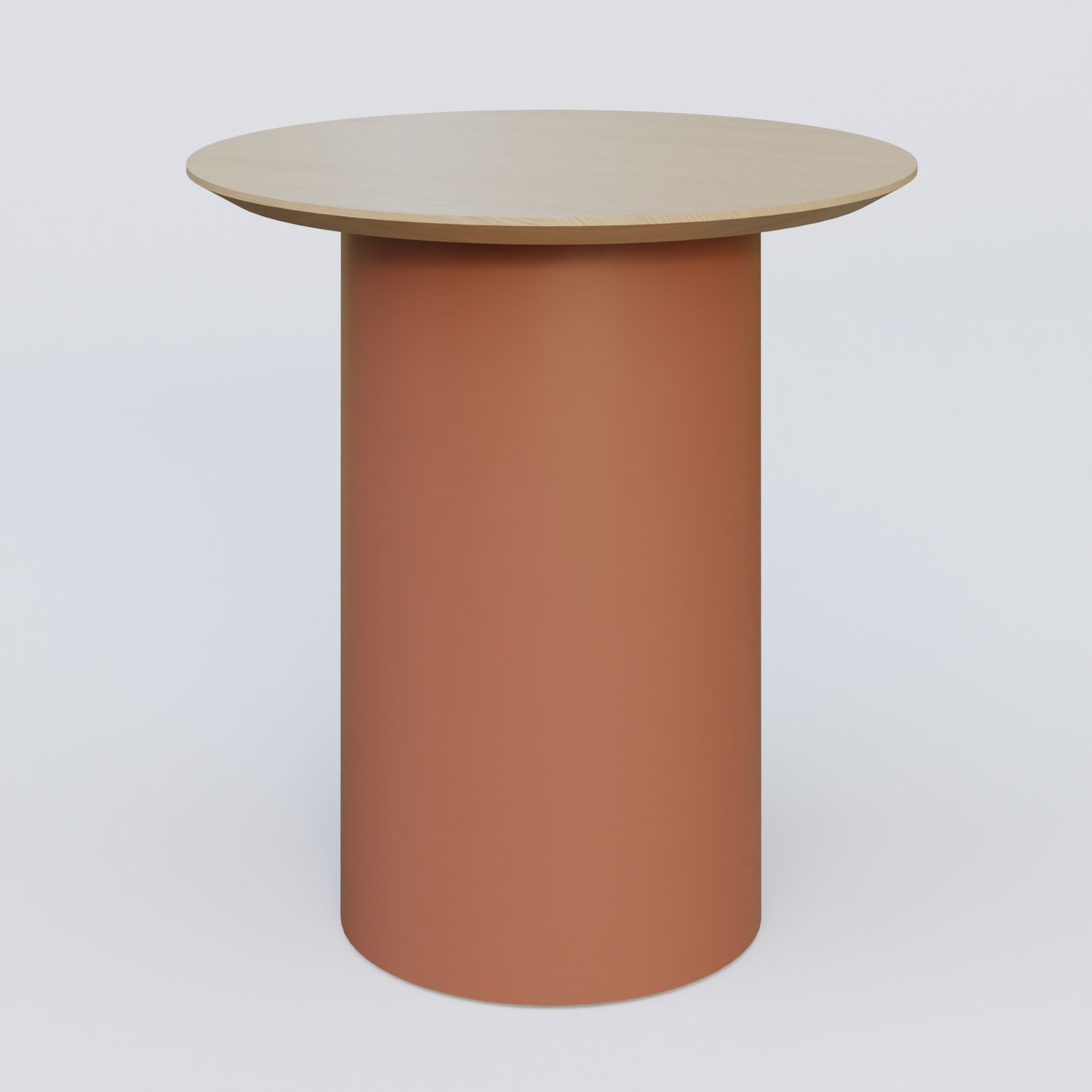 Table Basse Fashion Styl piètement colonne en métal D-26cm et plateau bois. Plateau Chêne et pietement Brun cuivré (RAL 8004).