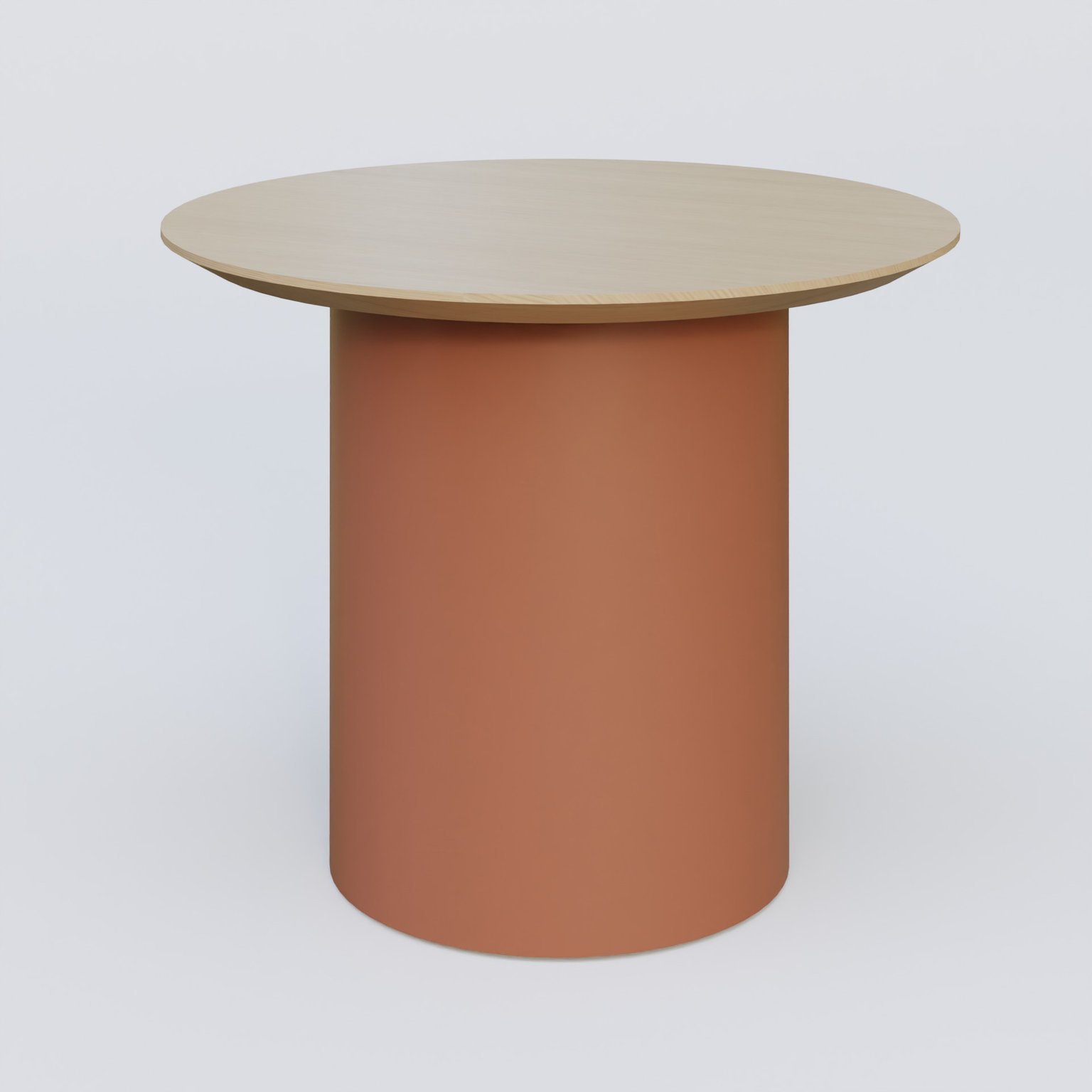 Table Basse Fashion Styl piètement colonne en métal D-26cm et plateau bois. Plateau Chêne et pietement Brun cuivré (RAL 8004).