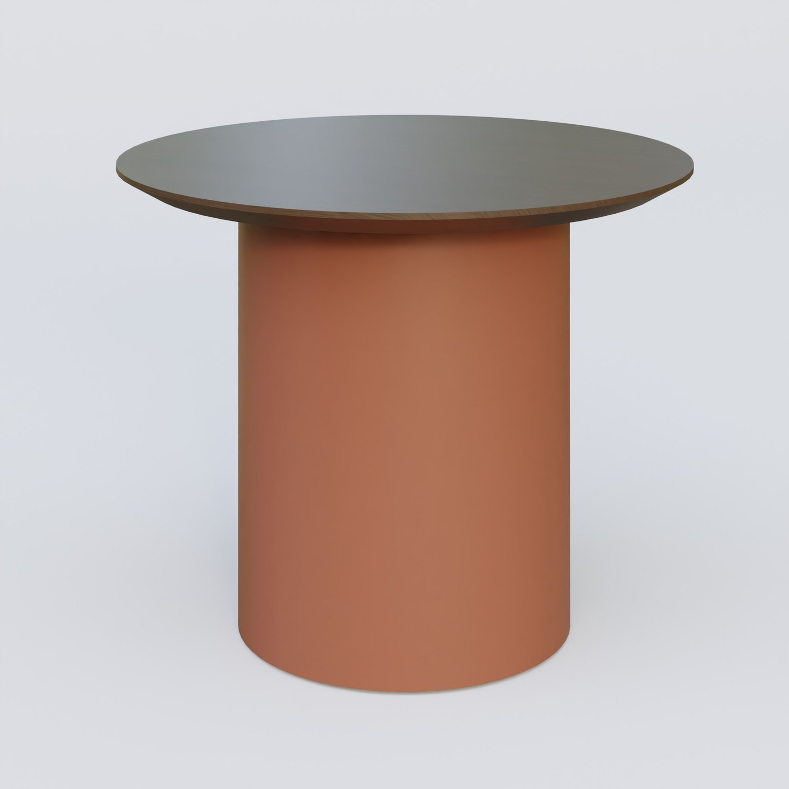 Table Basse Fashion Styl piètement colonne en métal D-26cm et plateau bois. Plateau Chêne Moka et pietement Brun cuivré (RAL 8004).