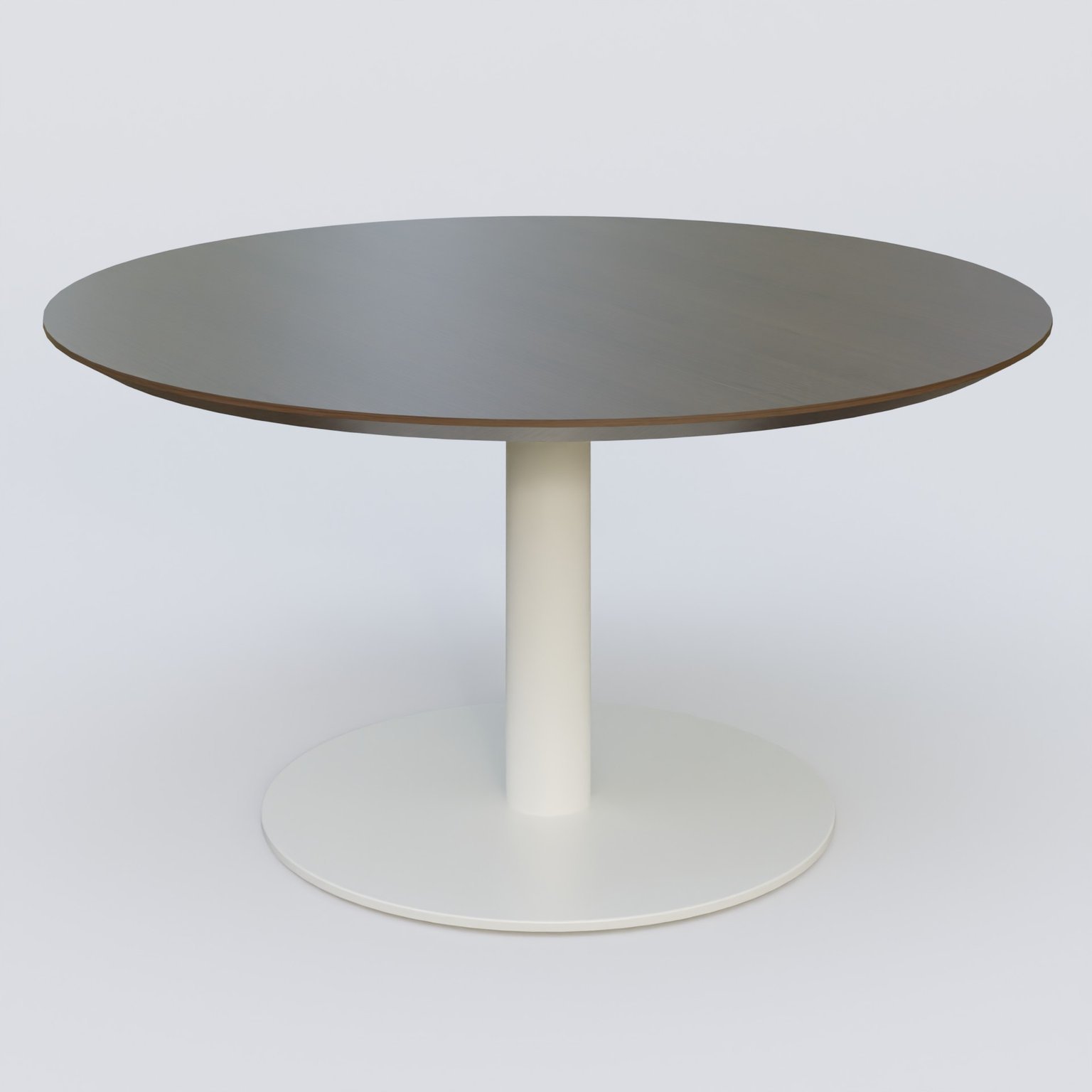 Table Basse Fashion Styl piètement colonne en métal et plateau bois. Plateau Chêne Moka et pietement Blanc (RAL 9010).