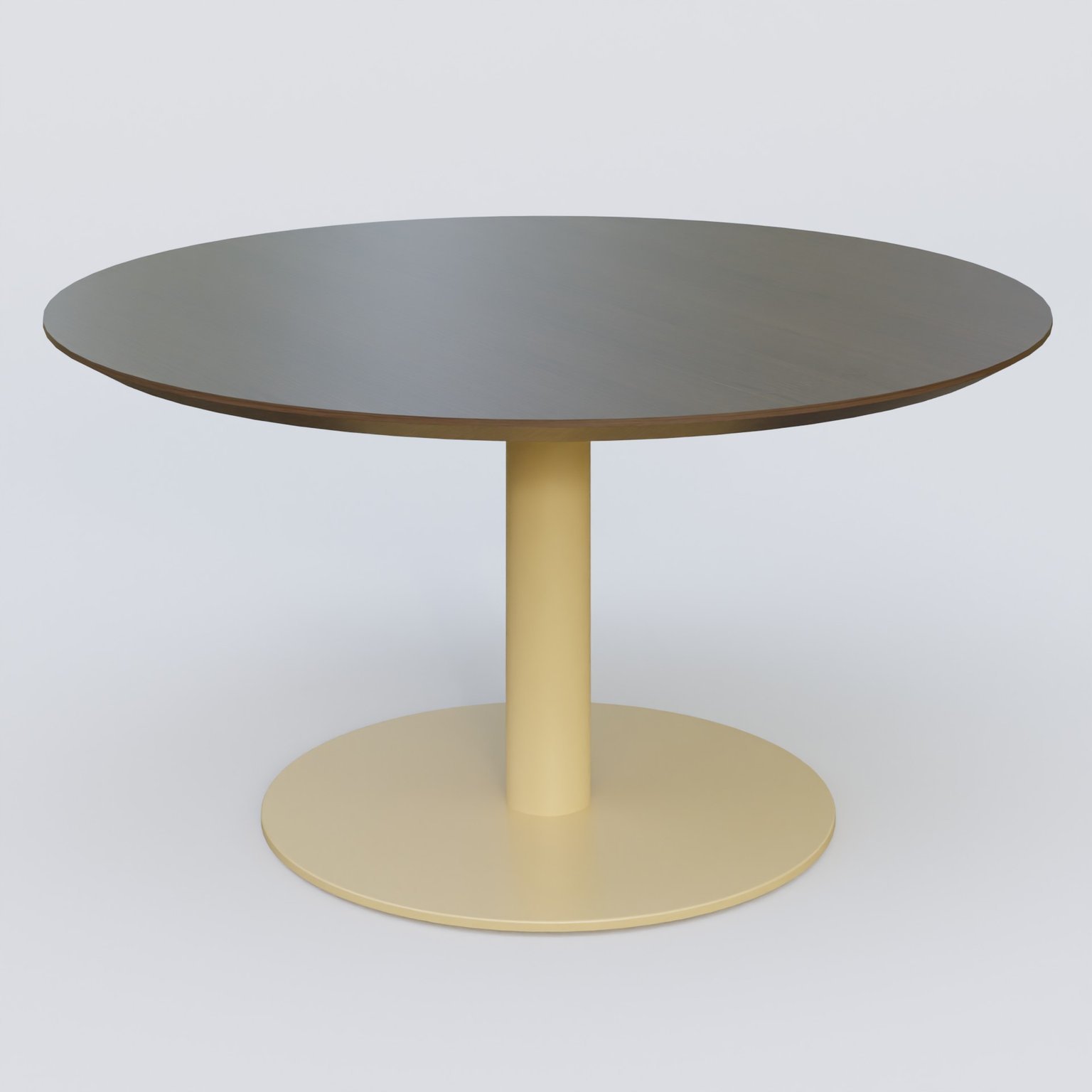 Table Basse Fashion Styl piètement colonne en métal et plateau bois. Plateau Chêne Moka et pietement Jaune Cuivre (RAL 1002).
