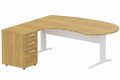 K1 Voile de fond Métal - Plan compact 90° asymétrique Manager 190x183x104/60cm avec caisson HB bois 3 tiroirs - retour à gauche -Finitions : PLATEAUX: NOYER (NO) / PIETEMENTS: BLANC (BL) / CAISSONS MELAMINE: NOYER (NO)
