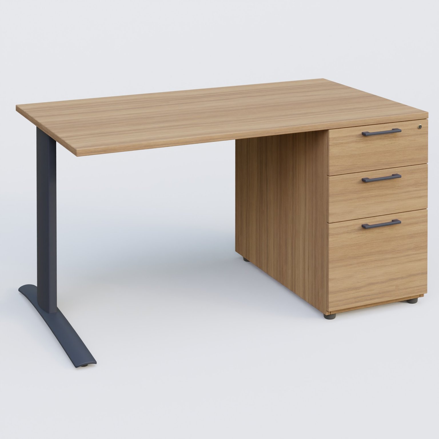 K1 Plateau droit 140x80 avec caisson porteur sous plateau mélamine à droite. Plateau Noyer et pietement Anthracite