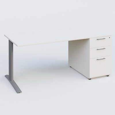 [Pas de famille] - [Pas de sous famille] - K1 Plateau droit 160x80 avec caisson porteur sous plateau mélamine à droite. Plateau Blanc et pietement Aluminium