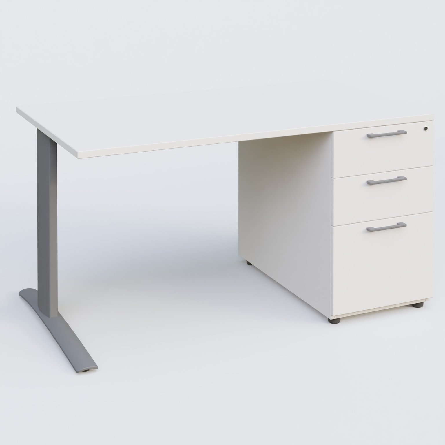 K1 Plateau droit 140x80 avec caisson porteur sous plateau mélamine à droite. Plateau Blanc et pietement Aluminium