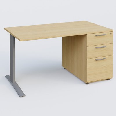 [Pas de famille] - [Pas de sous famille] - K1 Plateau droit 140x80 avec caisson porteur sous plateau mélamine à droite. Plateau Chêne clair et pietement Aluminium