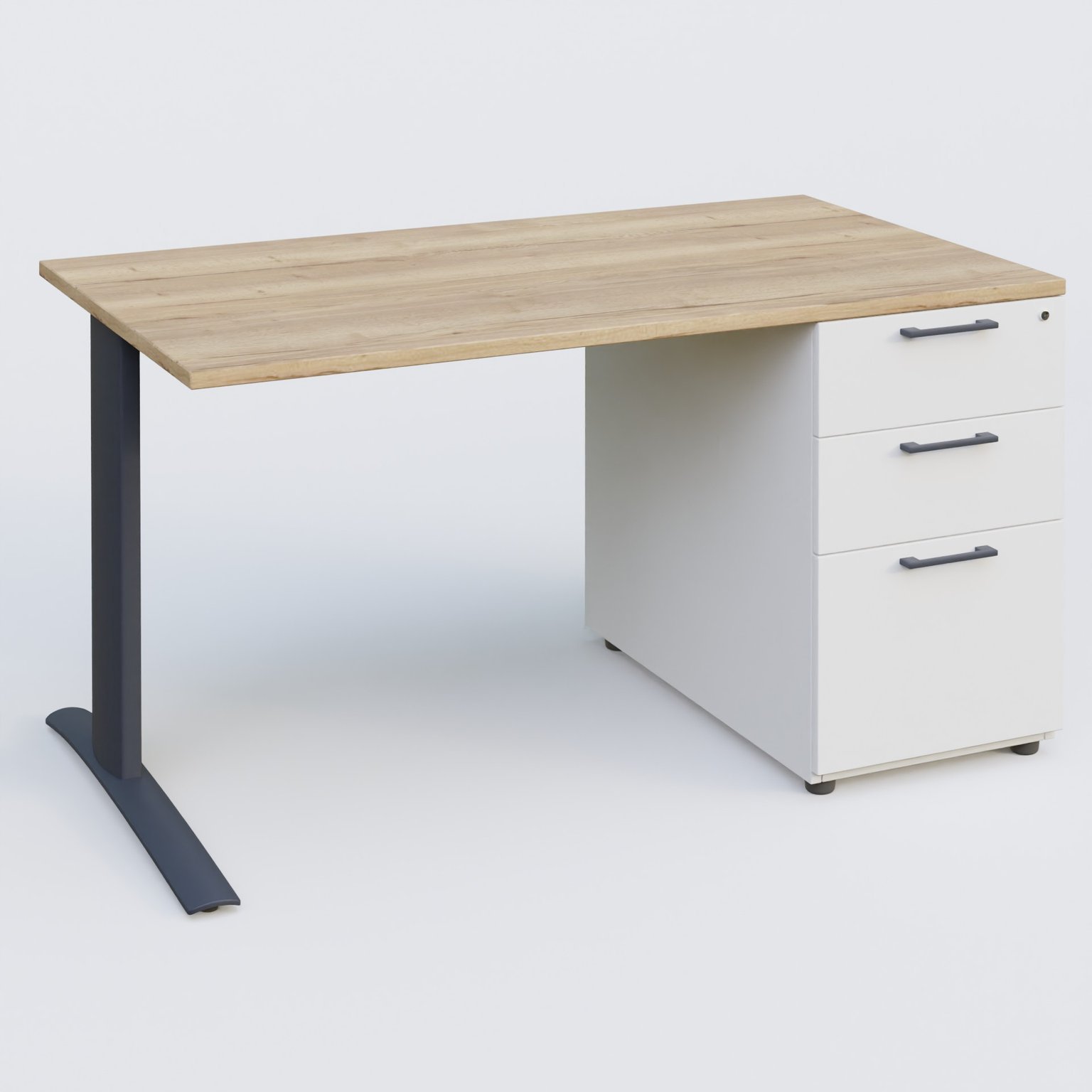 K1 Plateau droit 140x80 avec caisson porteur sous plateau mélamine à droite. Plateau Chêne naturel et pietement Anthracite