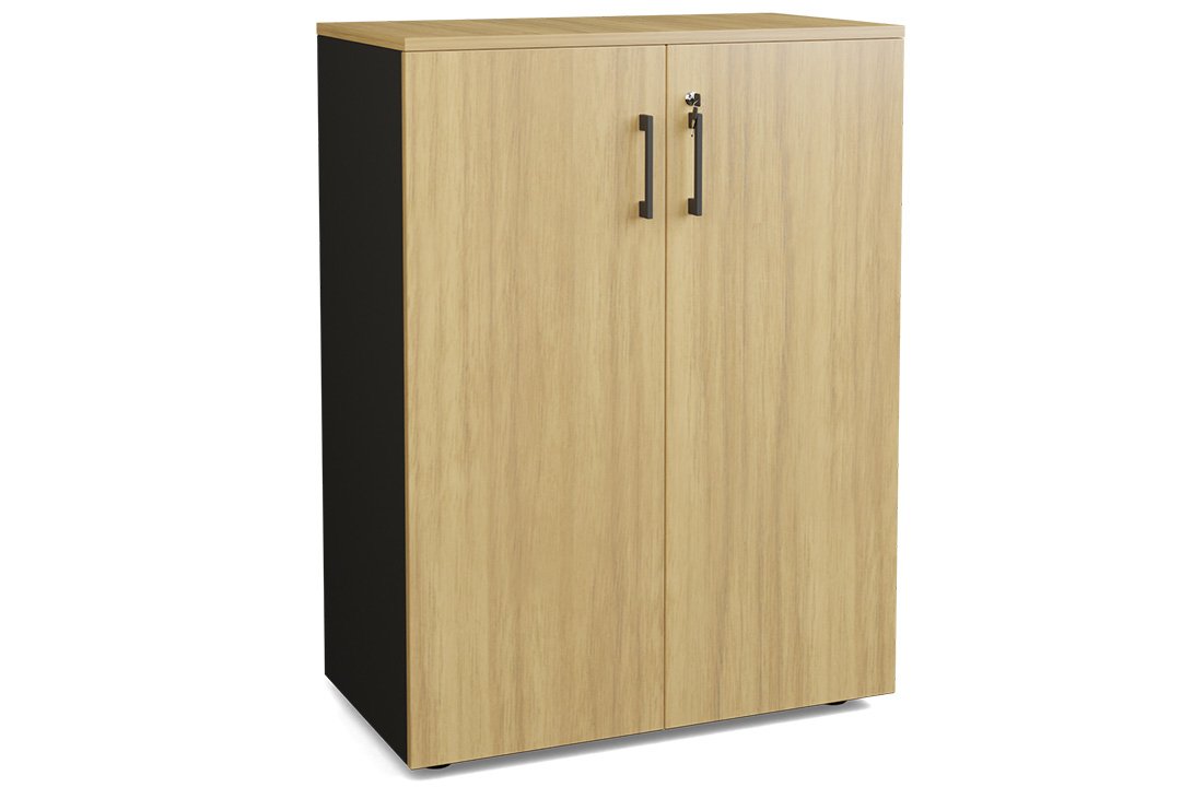 Armoire mélamine H102XL100 cm portes bois -Finitions= Top de finition : noyer / Corps d'armoire et tablettes : noir Façade : noyer
