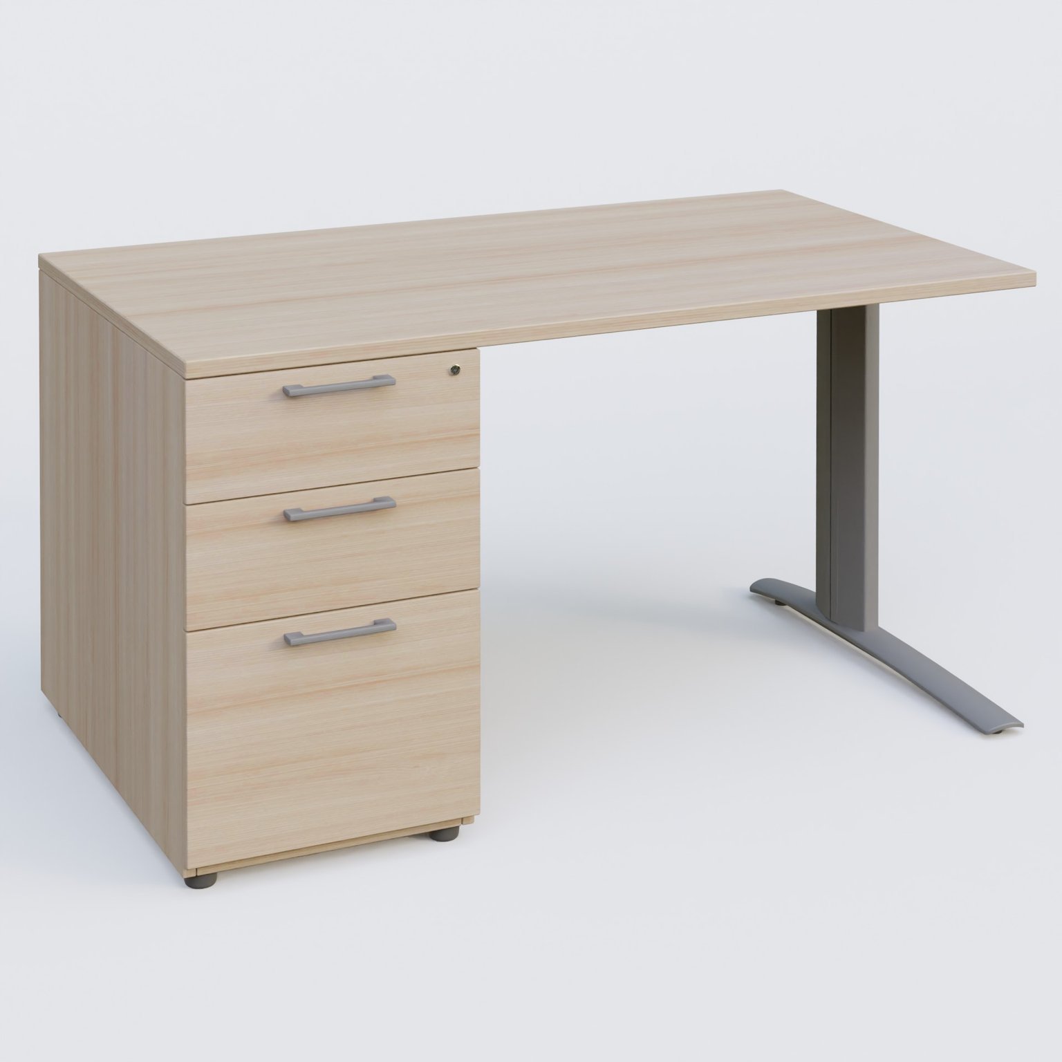 K1 Plateau droit 140x80 avec caisson porteur sous plateau mélamine à gauche. Plateau Acacia et pietement Aluminium