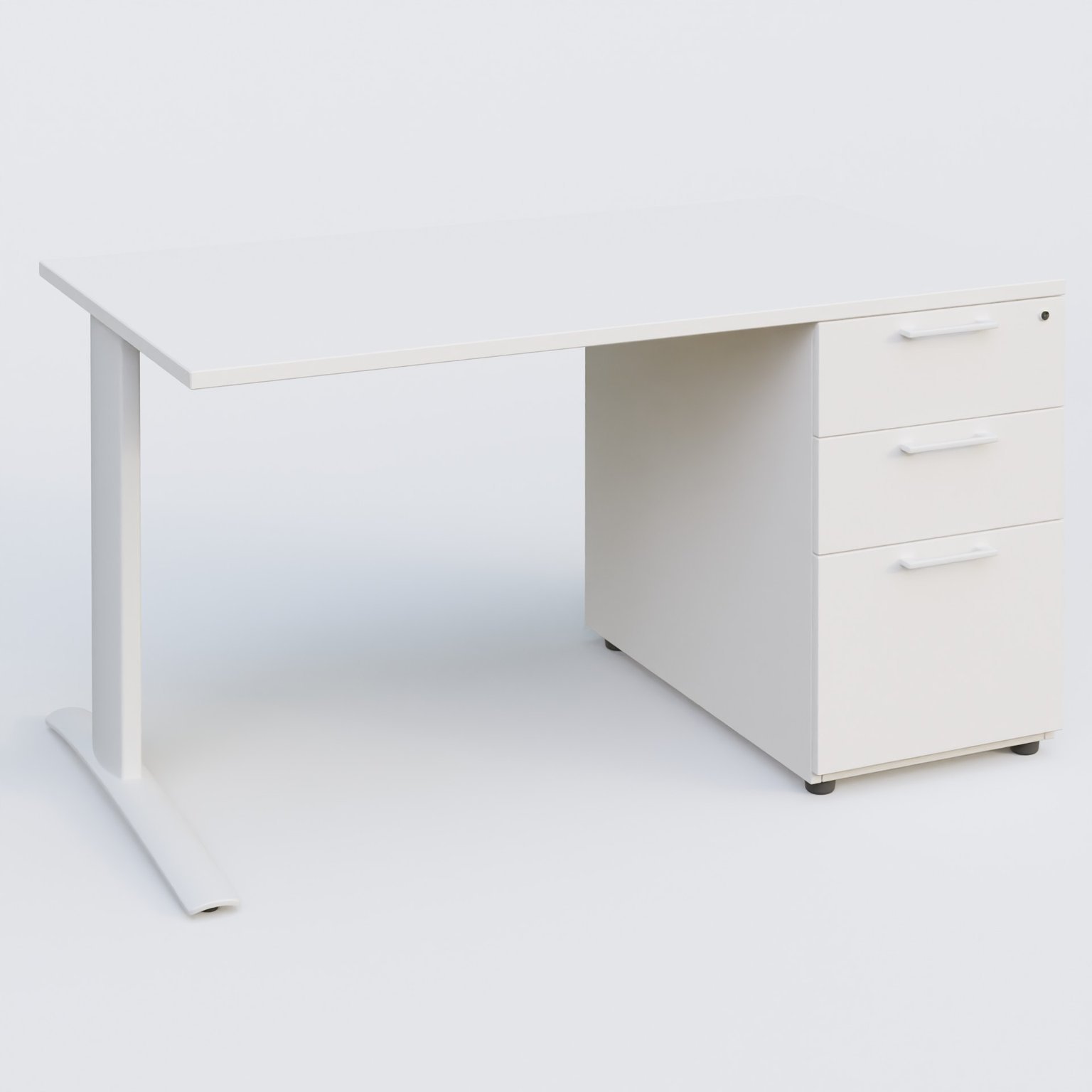 K1 Plateau droit 140x80 avec caisson porteur sous plateau mélamine à droite. Plateau Blanc et pietement Blanc