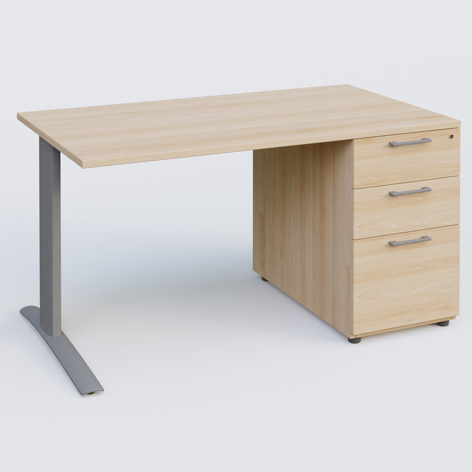 K1 Plateau droit 140x80 avec caisson porteur sous plateau mélamine à droite. Plateau Hêtre et pietement Aluminium