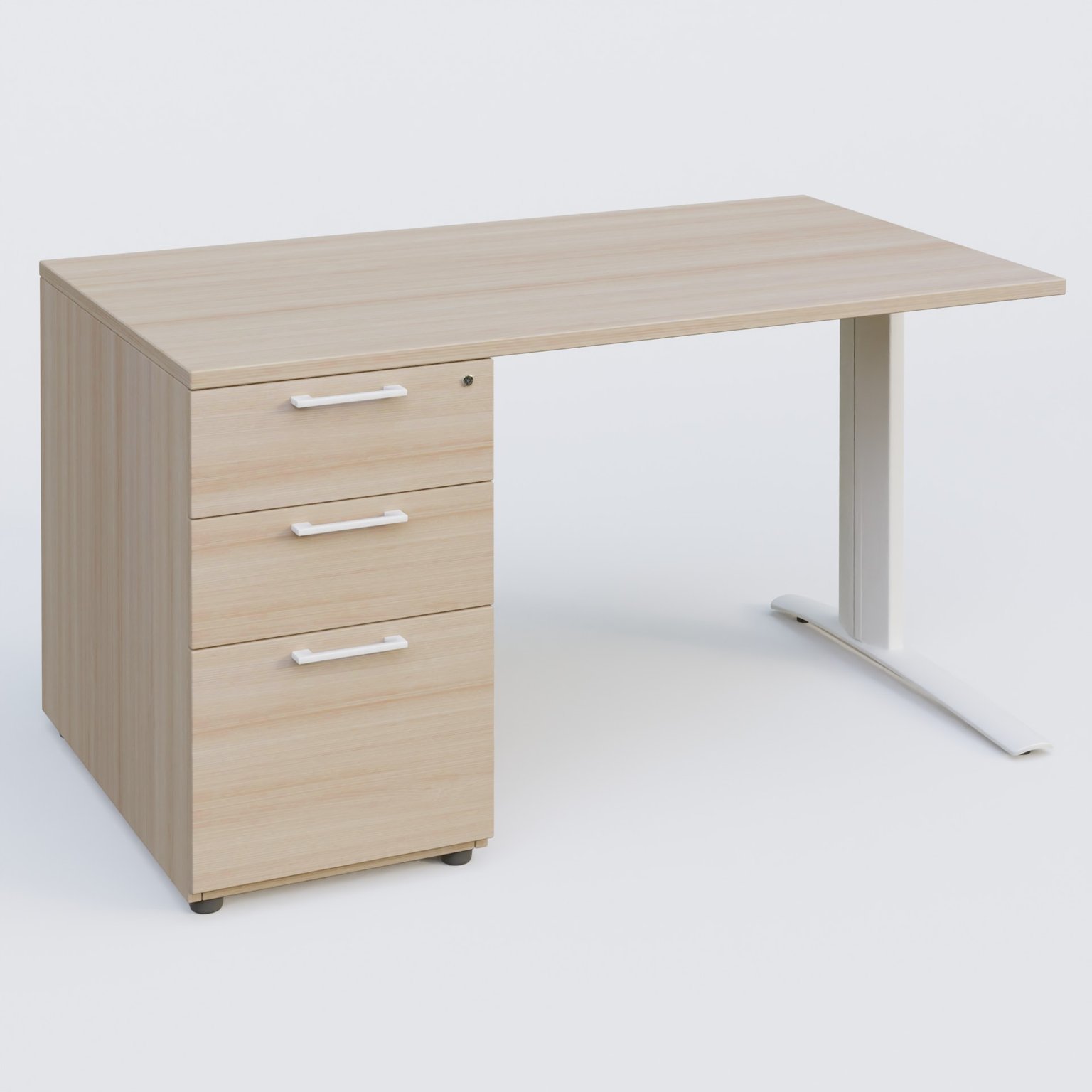 K1 Plateau droit 140x80 avec caisson porteur sous plateau mélamine à gauche. Plateau Acacia et pietement Blanc