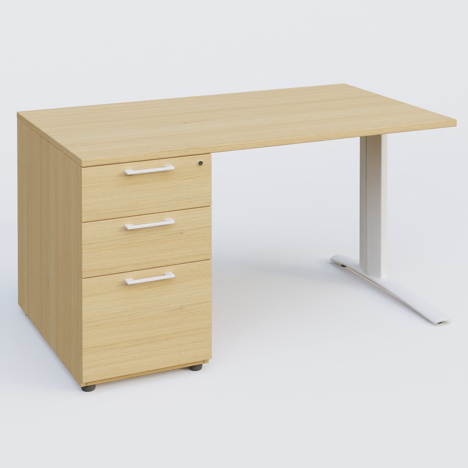 K1 Plateau droit 140x80 avec caisson porteur sous plateau mélamine à gauche. Plateau Chêne clair et pietement Blanc