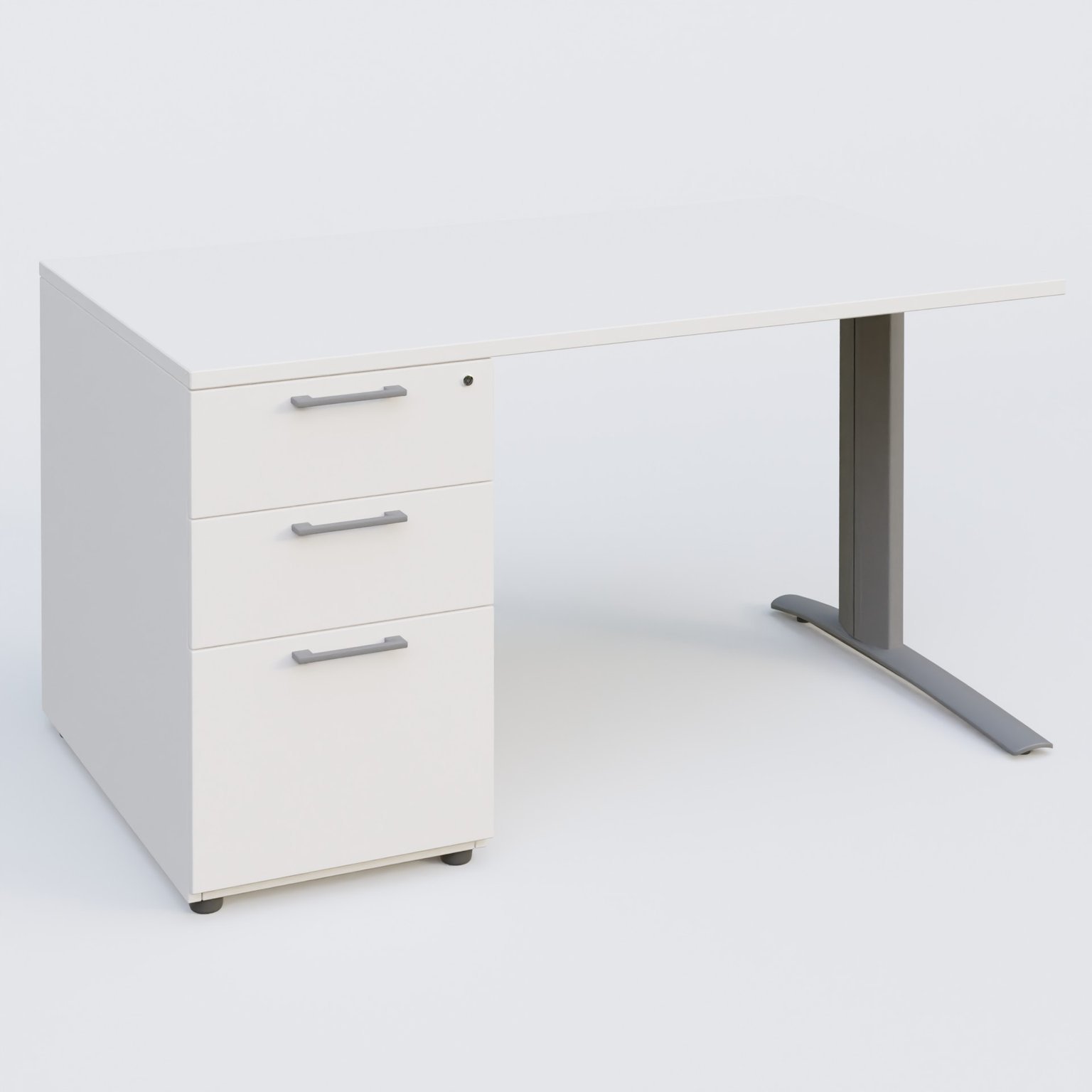 K1 Plateau droit 140x80 avec caisson porteur sous plateau mélamine à gauche. Plateau Blanc et pietement Aluminium