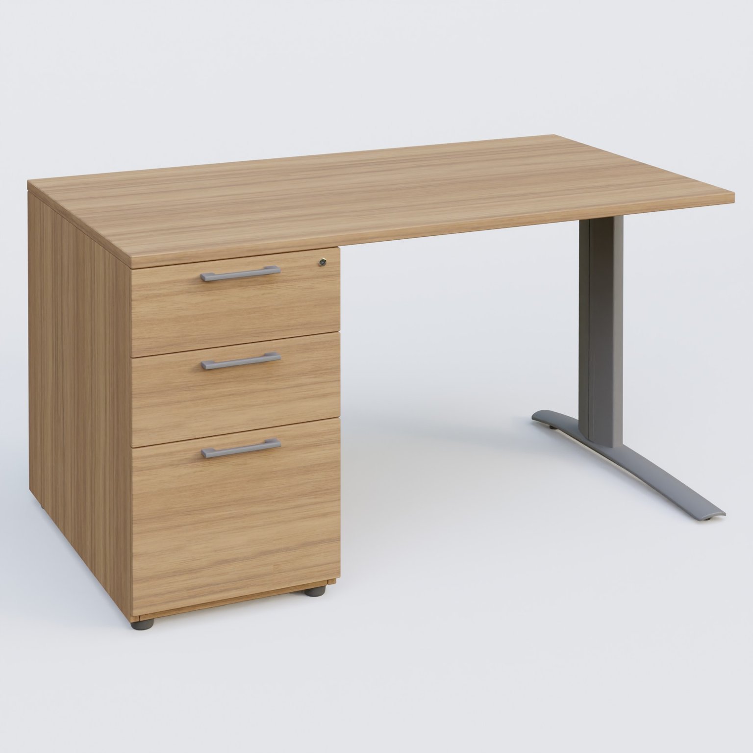 K1 Plateau droit 140x80 avec caisson porteur sous plateau mélamine à gauche. Plateau Noyer et pietement Aluminium