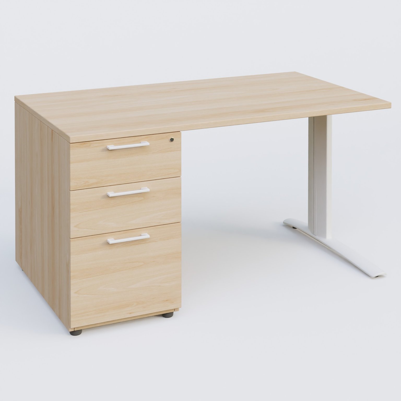 K1 Plateau droit 140x80 avec caisson porteur sous plateau mélamine à gauche. Plateau Hêtre et pietement Blanc