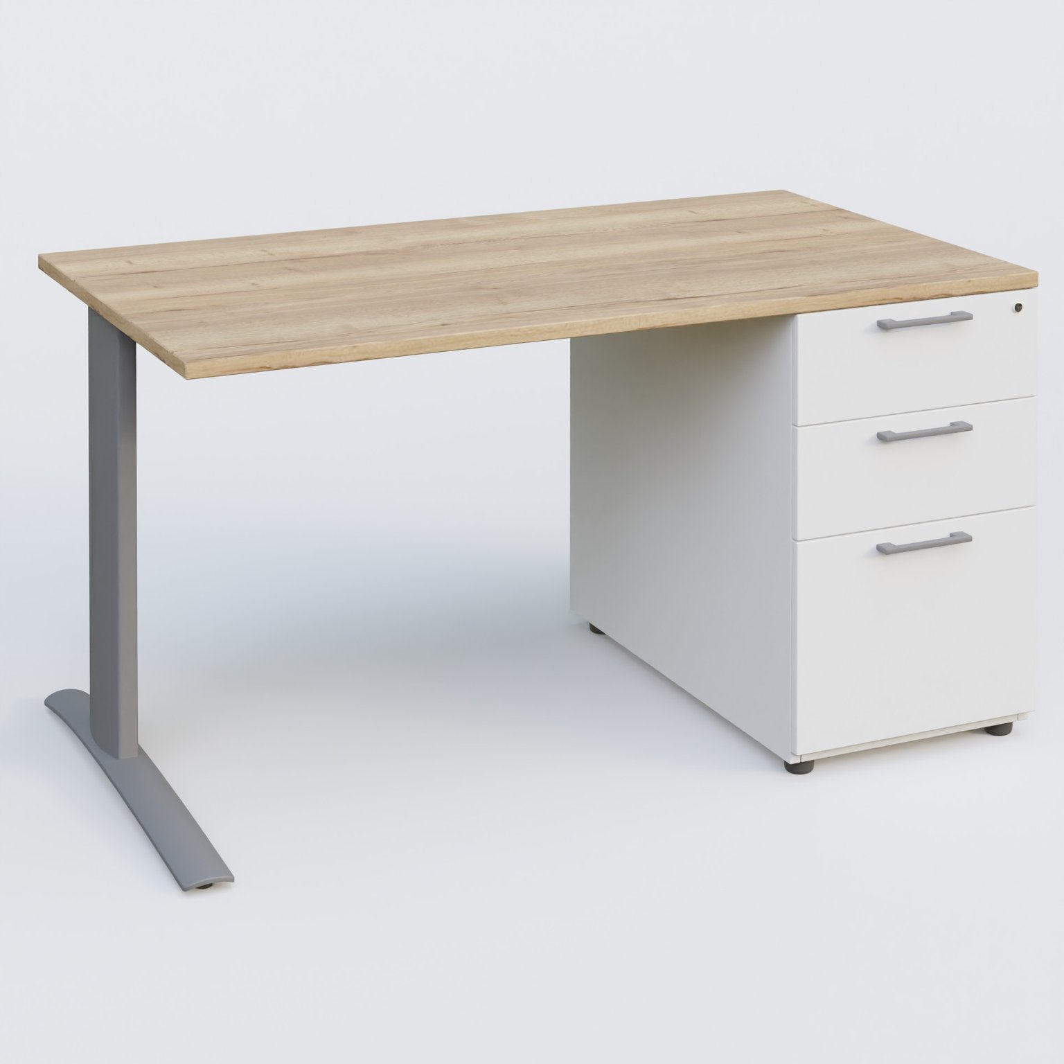 K1 Plateau droit 140x80 avec caisson porteur sous plateau mélamine à droite. Plateau Chêne naturel et pietement Aluminium