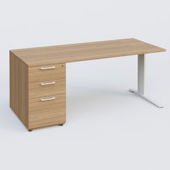 [Pas de famille] - [Pas de sous famille] - K1 Plateau droit 160x80 avec caisson porteur sous plateau mélamine à gauche. Plateau Noyer et pietement Blanc