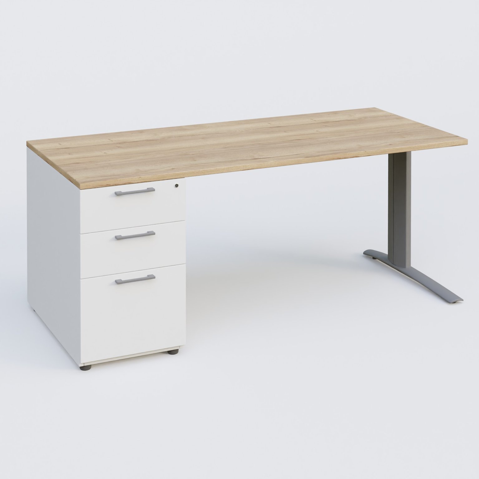 K1 Plateau droit 160x80 avec caisson porteur sous plateau mélamine à gauche. Plateau Chêne naturel et pietement Aluminium