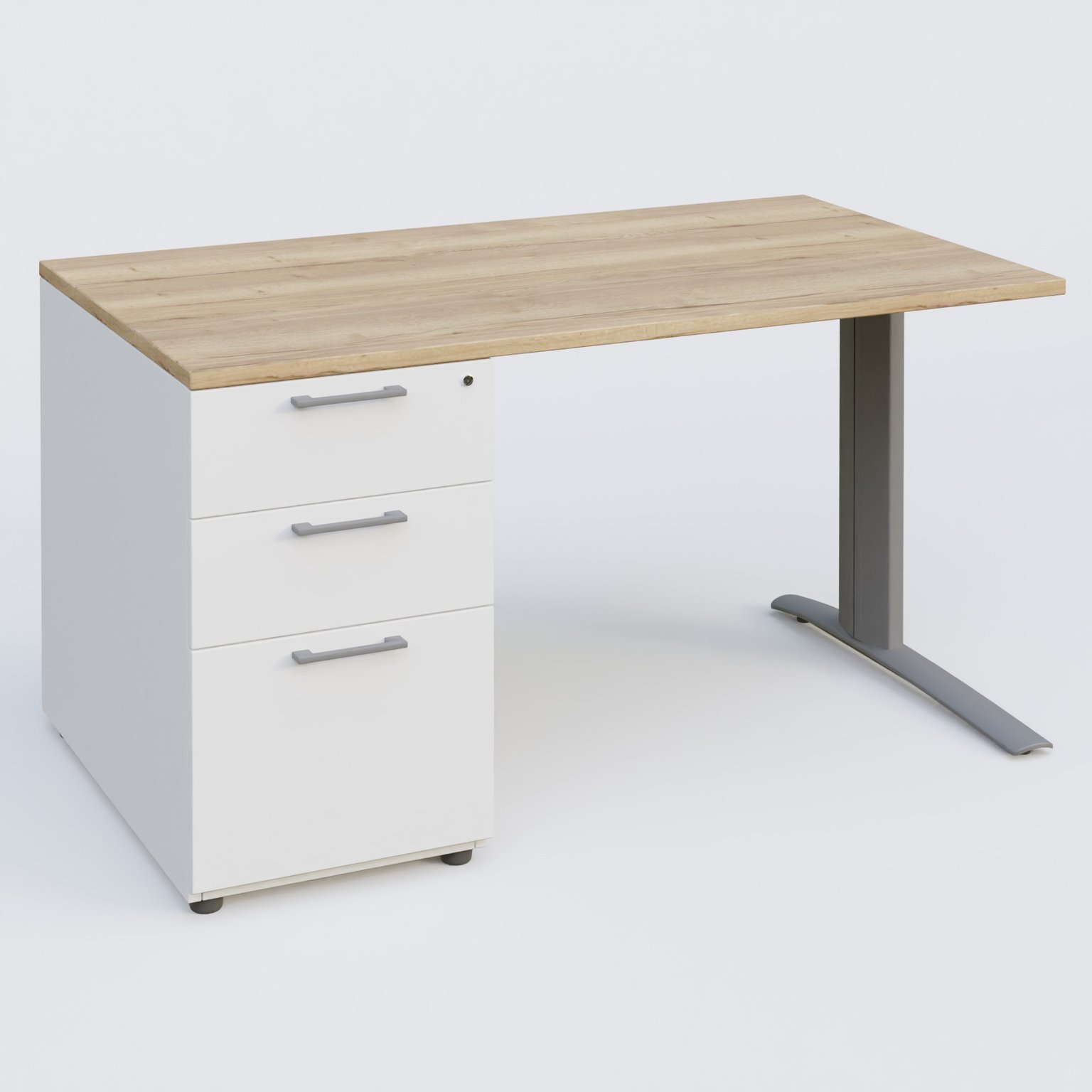 K1 Plateau droit 140x80 avec caisson porteur sous plateau mélamine à gauche. Plateau Chêne naturel et pietement Aluminium