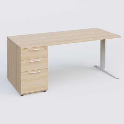 [Pas de famille] - [Pas de sous famille] - K1 Plateau droit 160x80 avec caisson porteur sous plateau mélamine à gauche. Plateau Hêtre et pietement Blanc