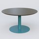 Table Basse Fashion Styl piètement colonne en métal et plateau bois. Plateau Chêne Moka et pietement Bleu Petrole (RAL 5025).