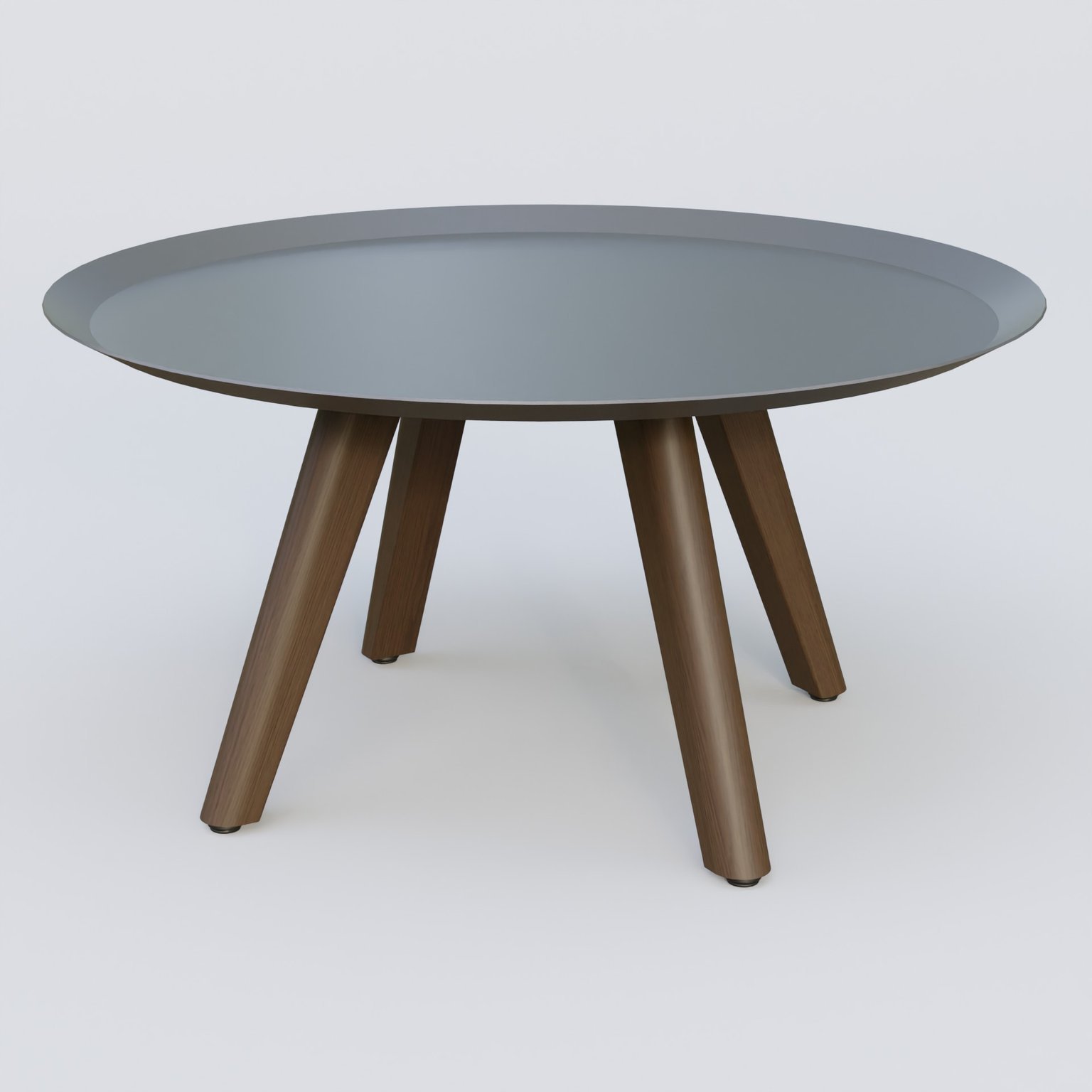 Table Basse Fashion Styl piètement 3 pieds bois et plateau métal. Plateau Carbon Grey et pietement Chêne Moka.