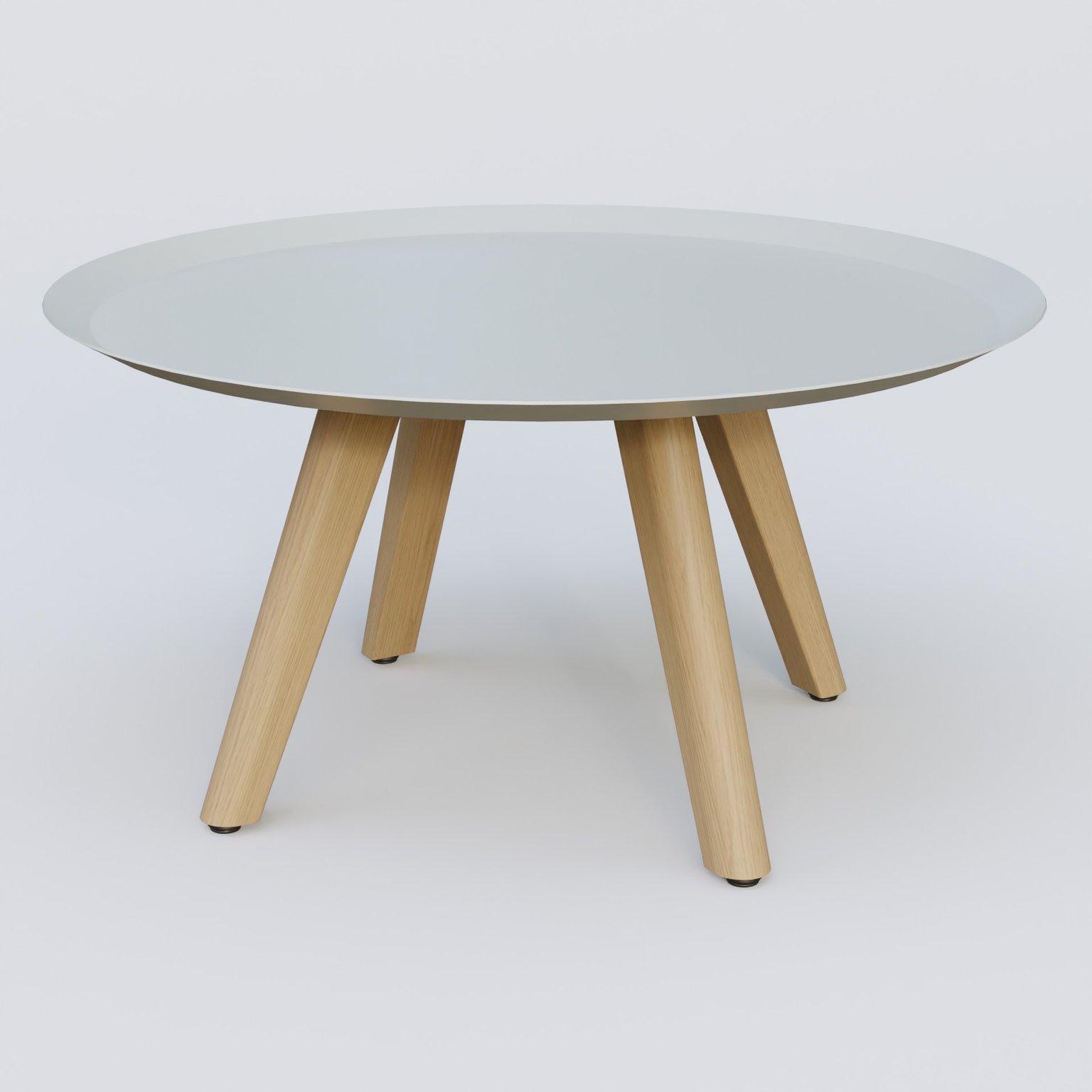 Table Basse Fashion Styl piètement 3 pieds bois et plateau métal. Plateau Gris (RAL 7038) et pietement Chêne.