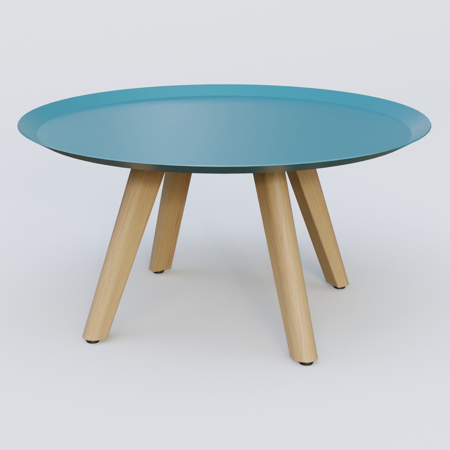 Table Basse Fashion Styl piètement 3 pieds bois et plateau métal. Plateau Bleu Petrole (RAL 5025) et pietement Chêne.