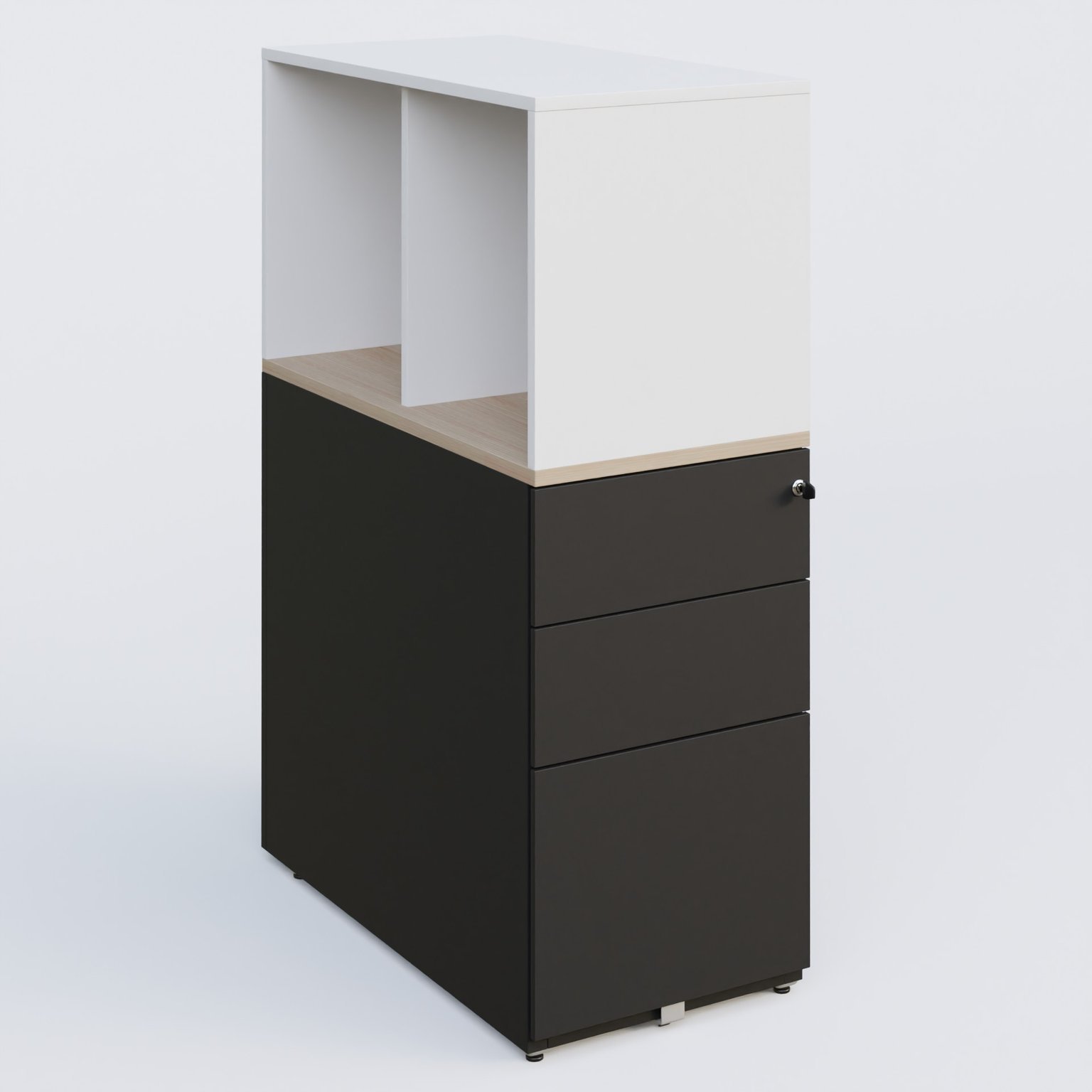 Caisson HB 3 tiroirs avec niche. Caisson Noir Grainé top de finition Acacia et niche blanche.