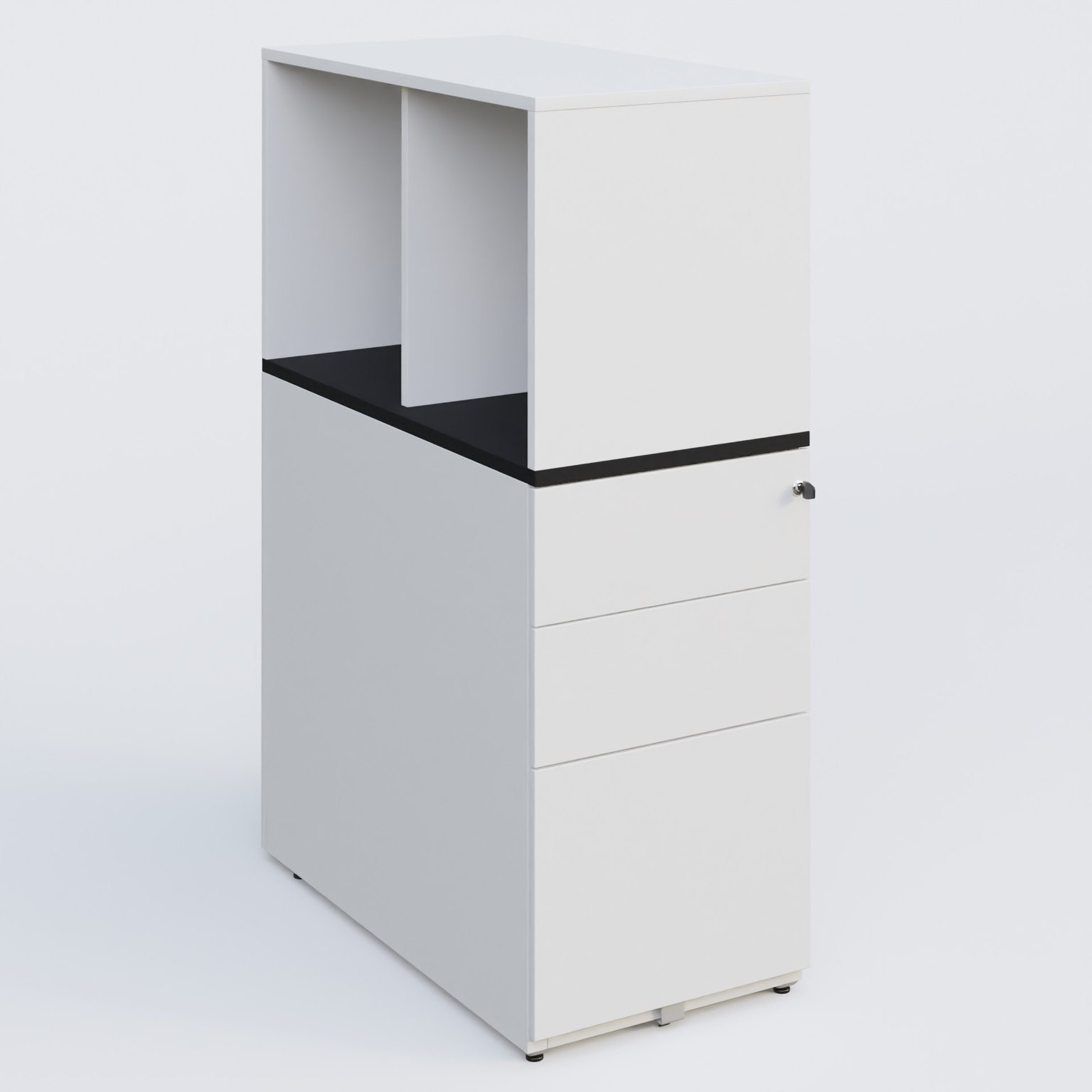Caisson HB 3 tiroirs avec niche. Caisson Blanc top de finition Noir Mat et niche blanche.