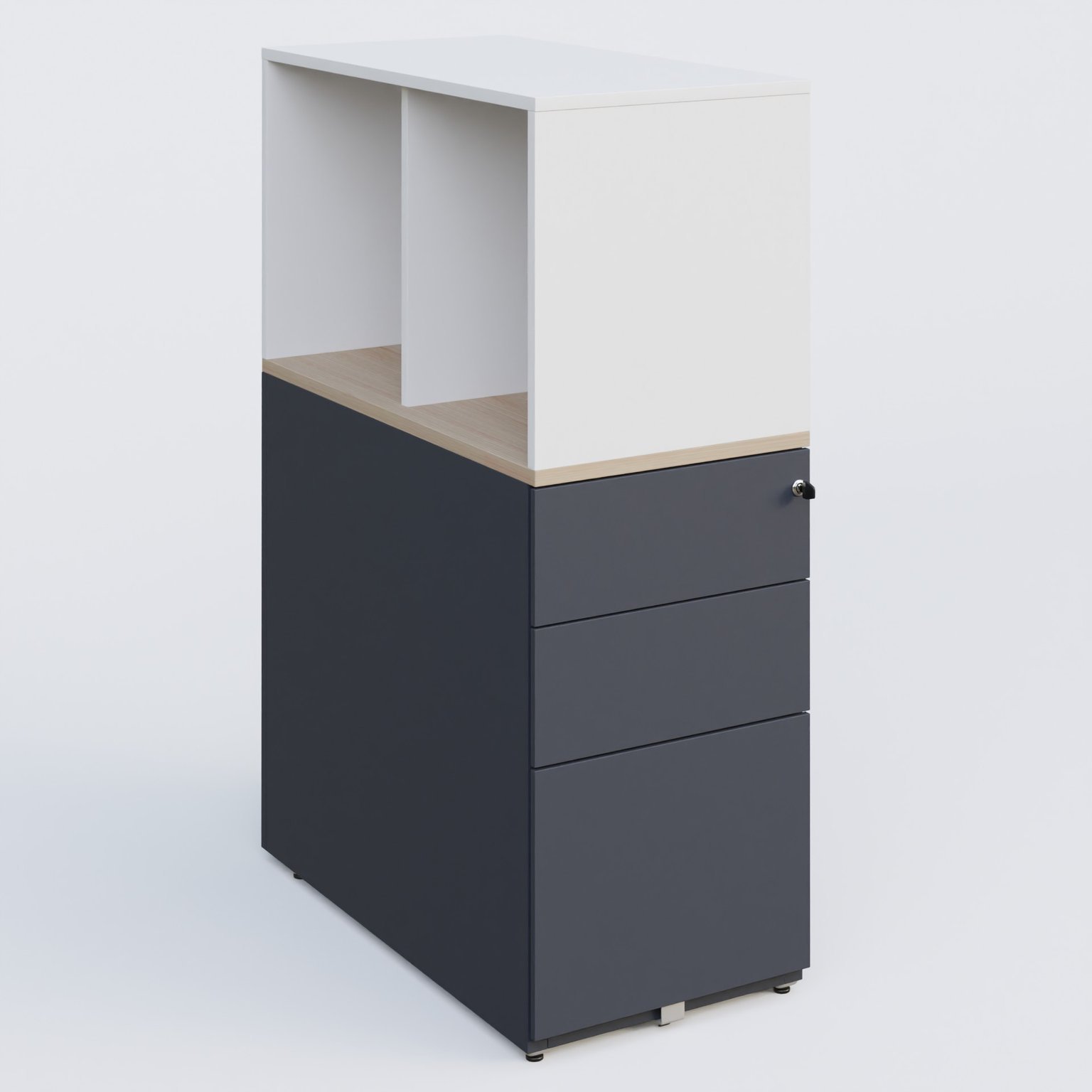 Caisson HB 3 tiroirs avec niche. Caisson Anthracite top de finition Acacia et niche blanche.