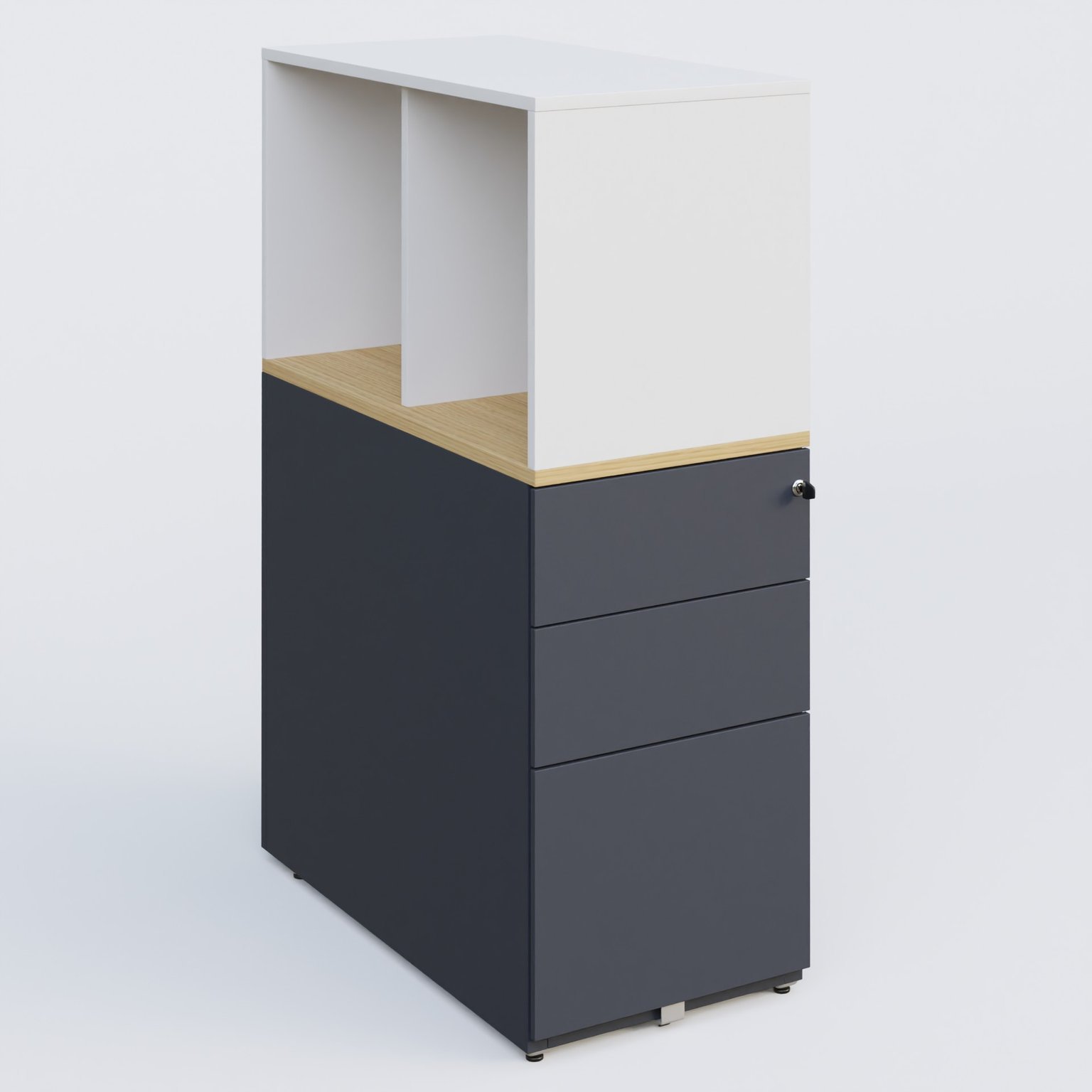 Caisson HB 3 tiroirs avec niche. Caisson Anthracite top de finition Chêne clair et niche blanche.