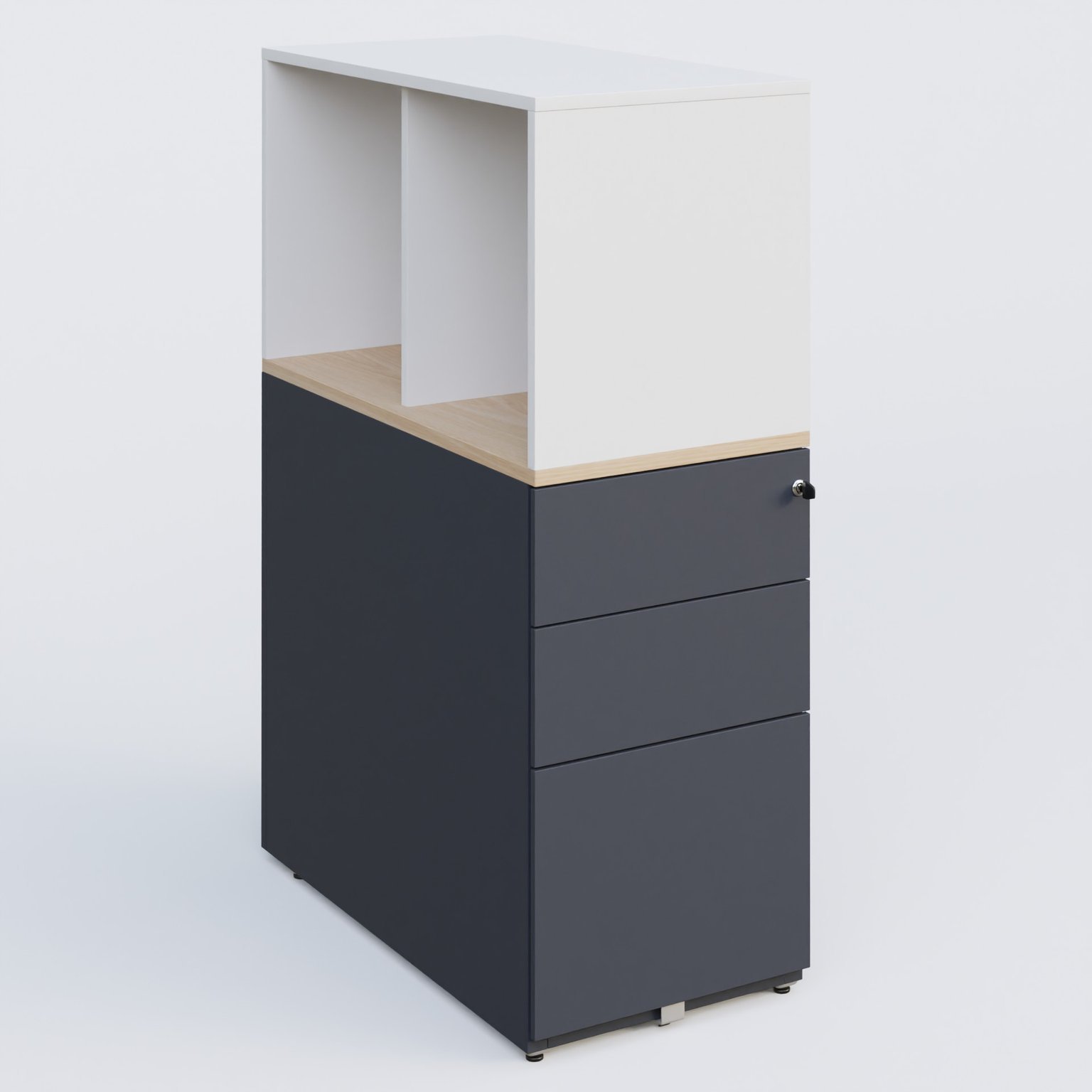 Caisson HB 3 tiroirs avec niche. Caisson Anthracite top de finition Hêtre et niche blanche.
