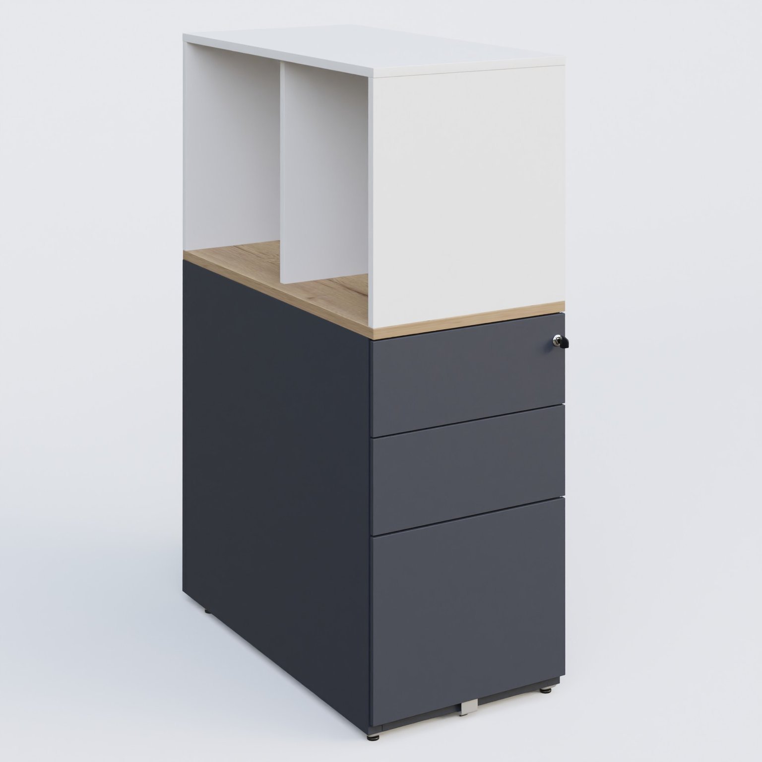 Caisson HB 3 tiroirs avec niche. Caisson Anthracite top de finition Chêne naturel et niche blanche.