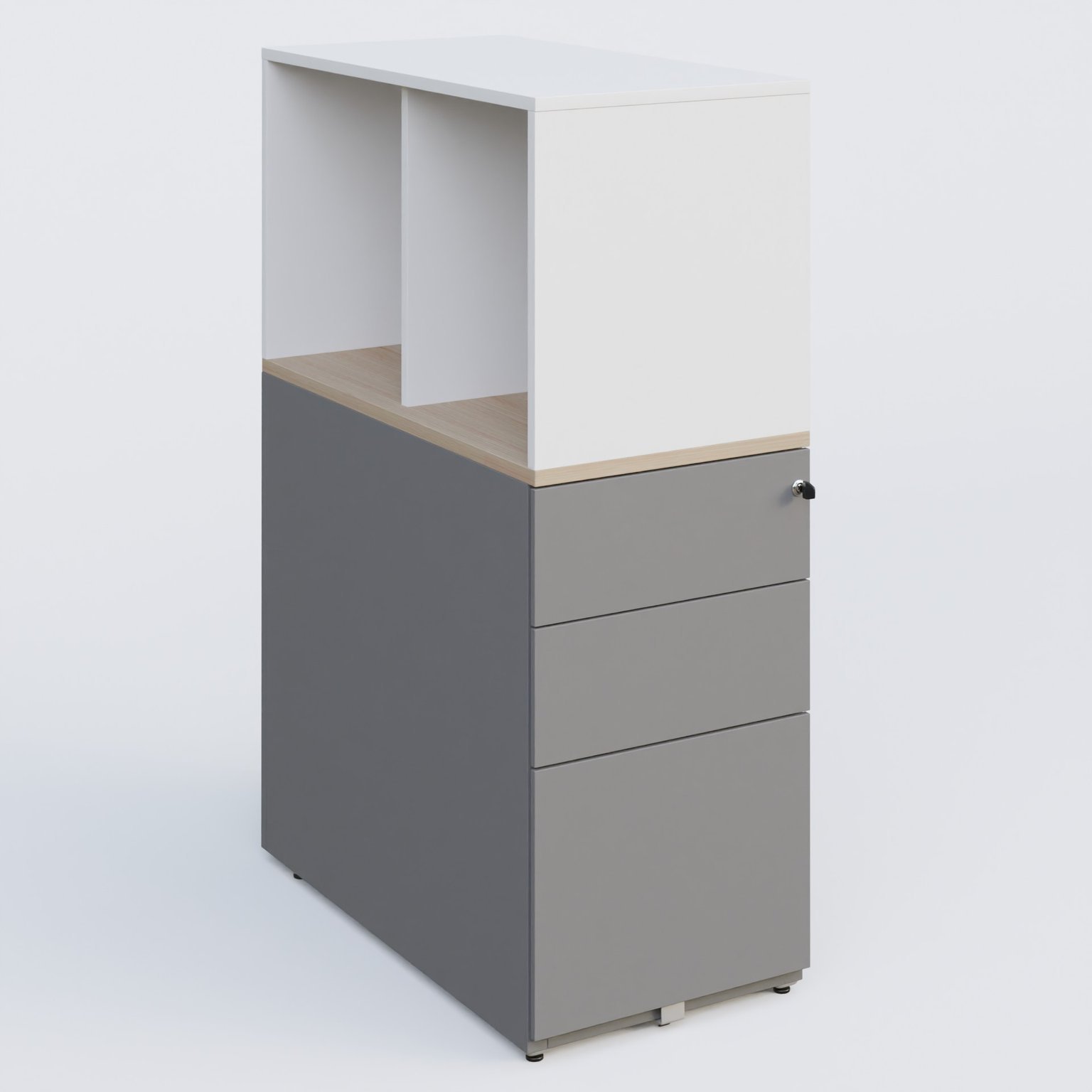 Caisson HB 3 tiroirs avec niche. Caisson Aluminium top de finition Acacia et niche blanche.