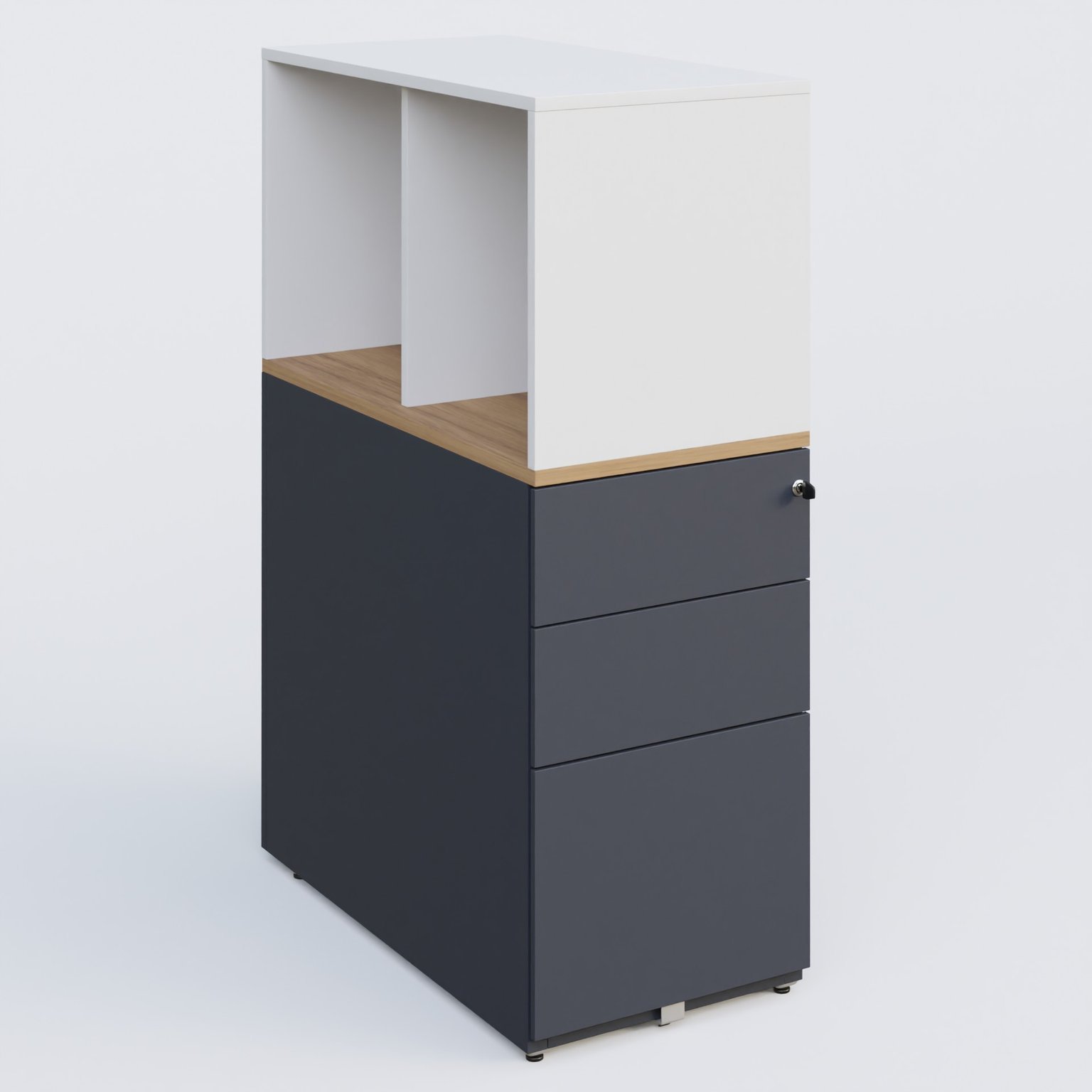 Caisson HB 3 tiroirs avec niche. Caisson Anthracite top de finition Noyer et niche blanche.