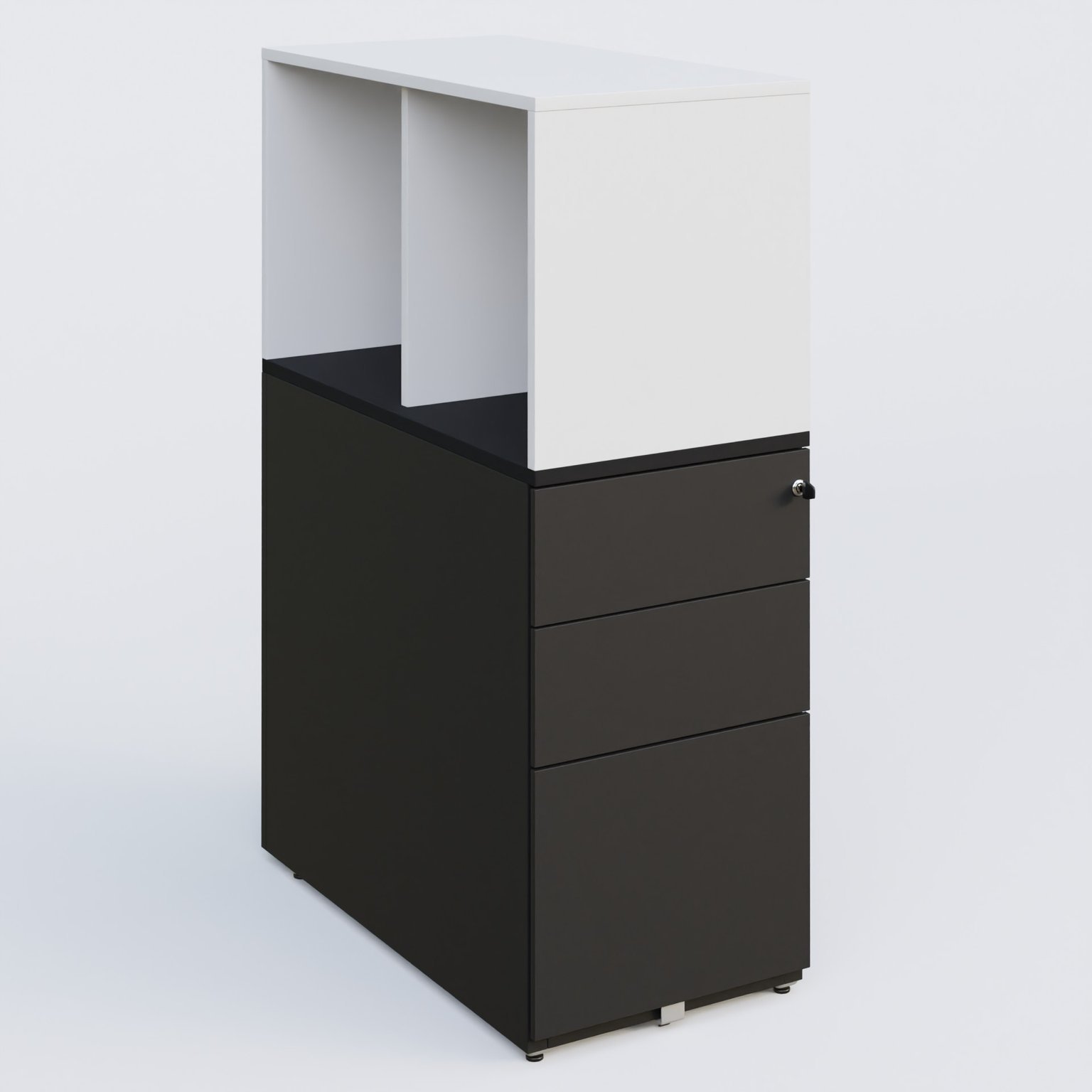 Caisson HB 3 tiroirs avec niche. Caisson Noir Grainé top de finition Noir Mat et niche blanche.