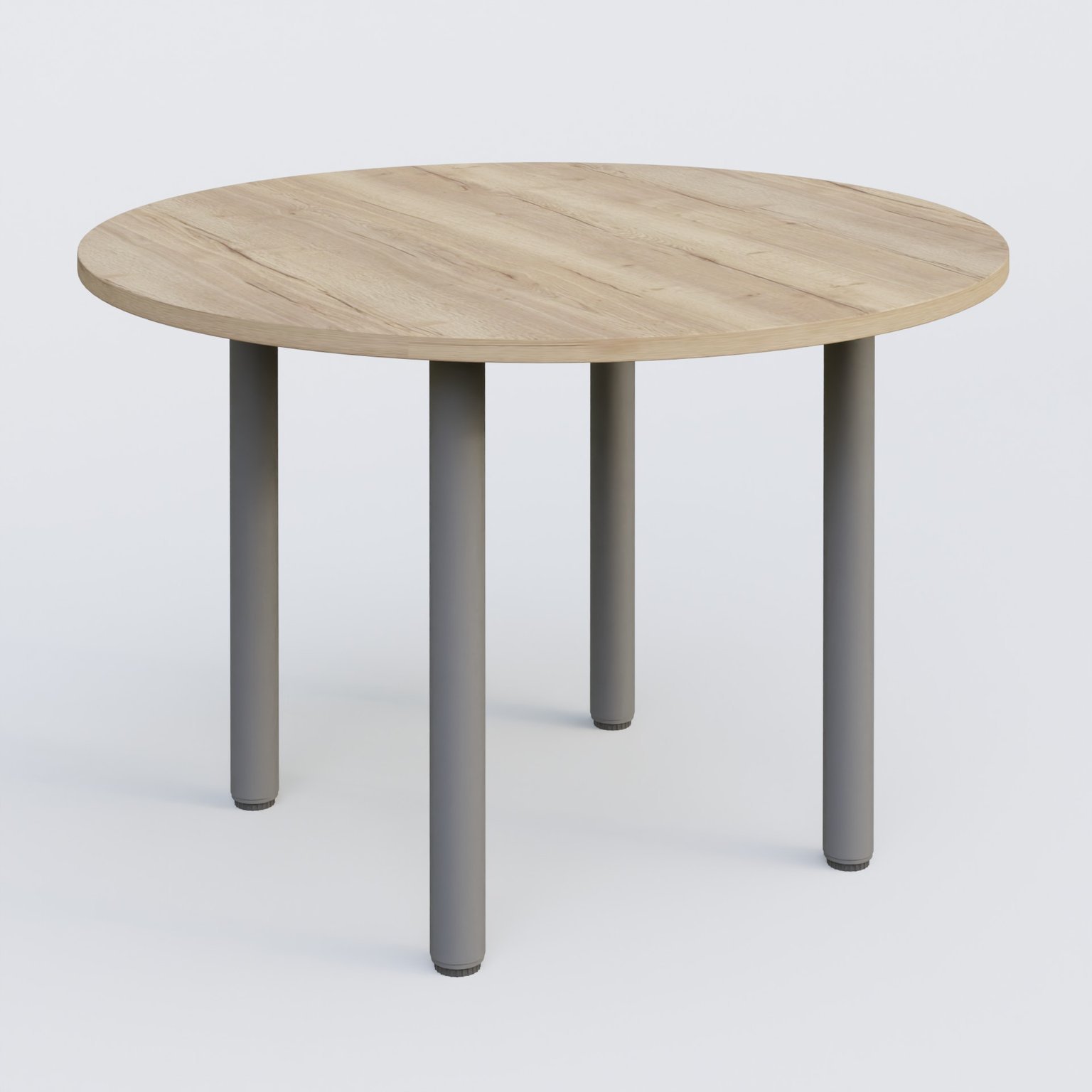Table ronde diametre 110 cm avec quatres pieds fixes. Plateau Chêne naturel et pietement Aluminium