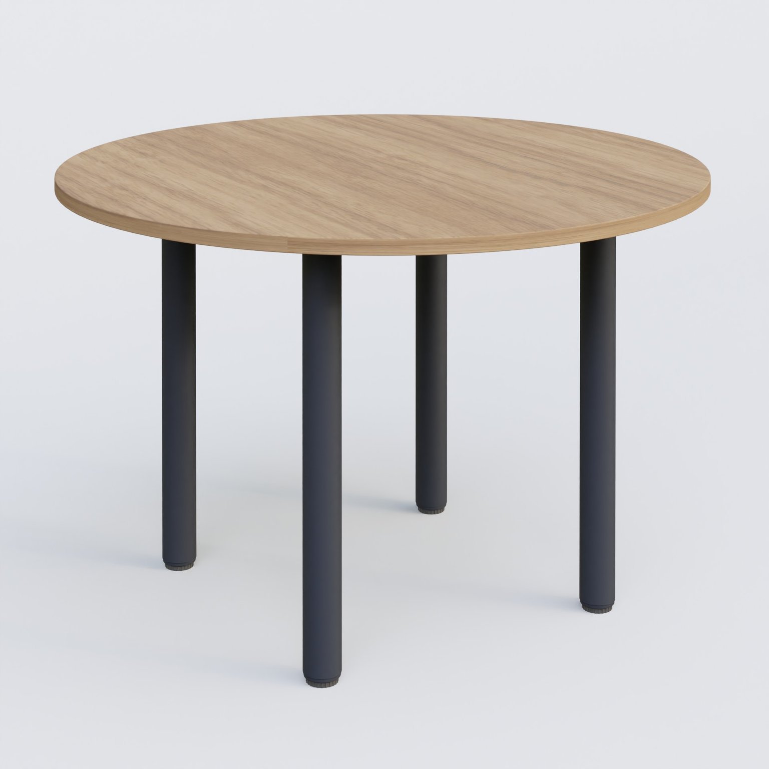 Table ronde diametre 110 cm avec quatres pieds fixes. Plateau Noyer et pietement Anthracite