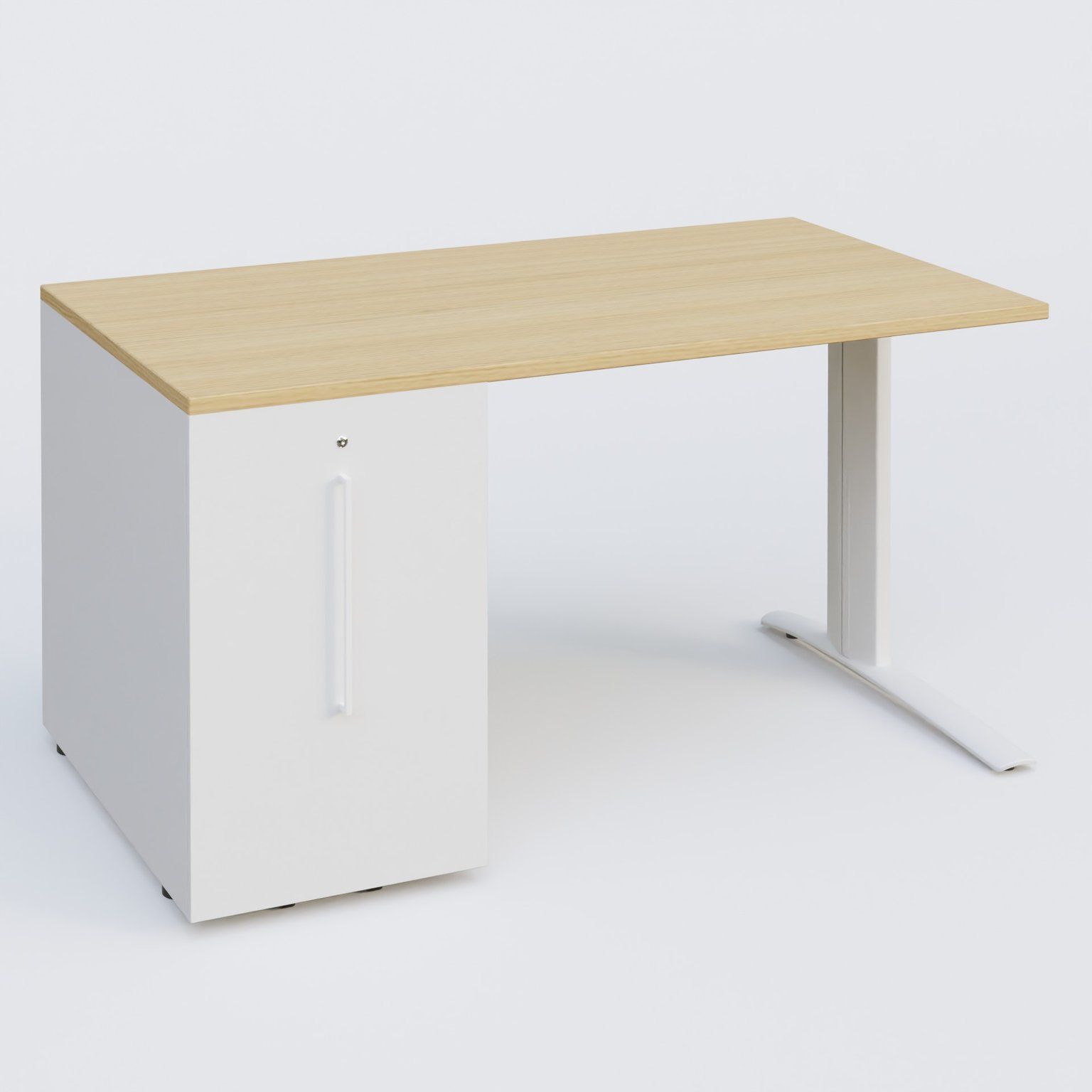 K1 Plateau droit 140x80 avec tour de rangement sous plateau à gauche. Plateau Chêne clair et pietement Blanc