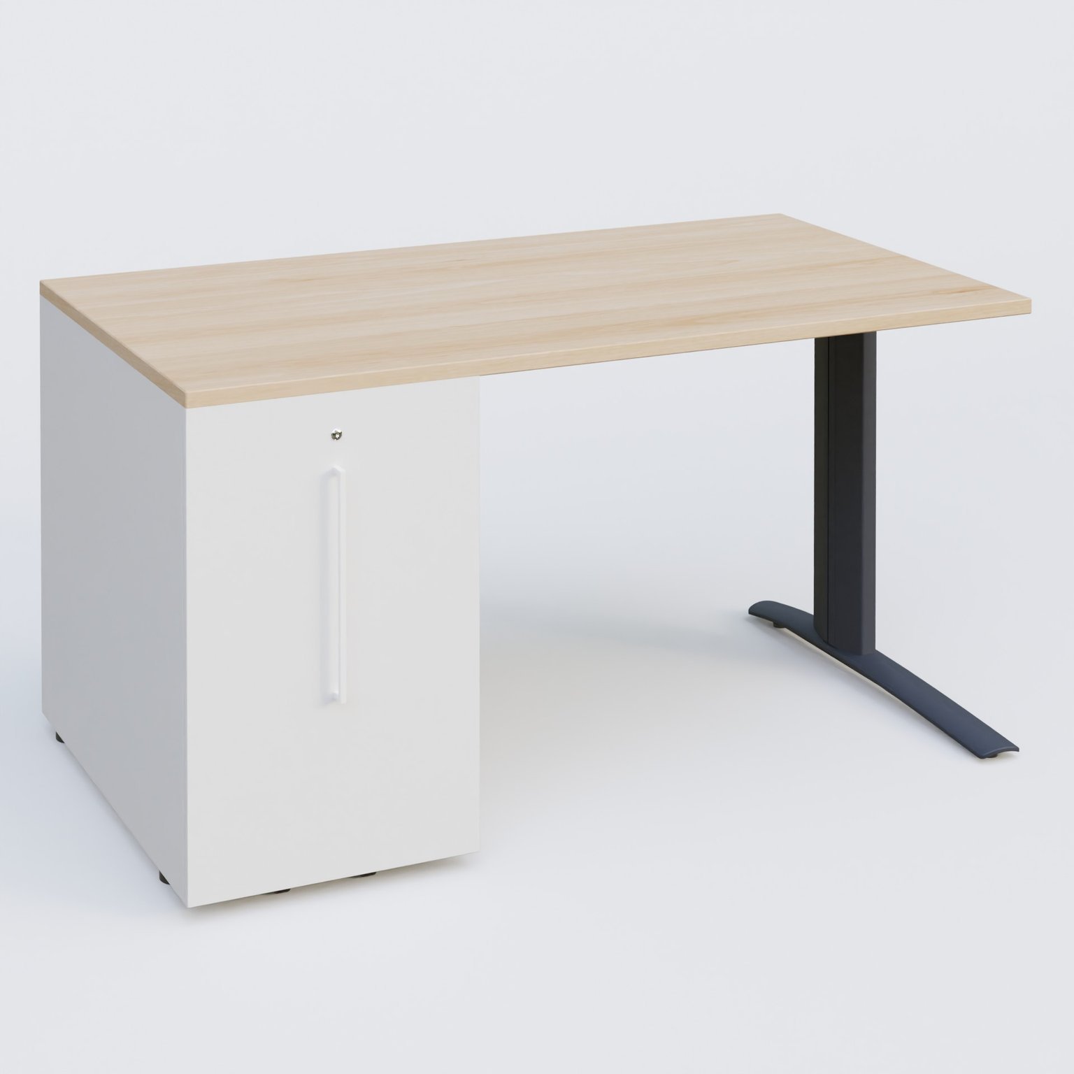K1 Plateau droit 140x80 avec tour de rangement sous plateau à gauche. Plateau Hêtre et pietement Anthracite