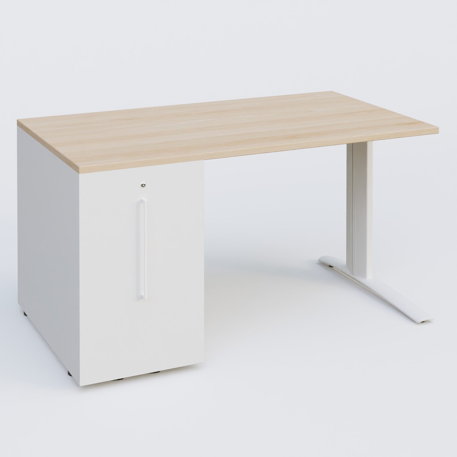 K1 Plateau droit 140x80 avec tour de rangement sous plateau à gauche. Plateau Hêtre et pietement Blanc