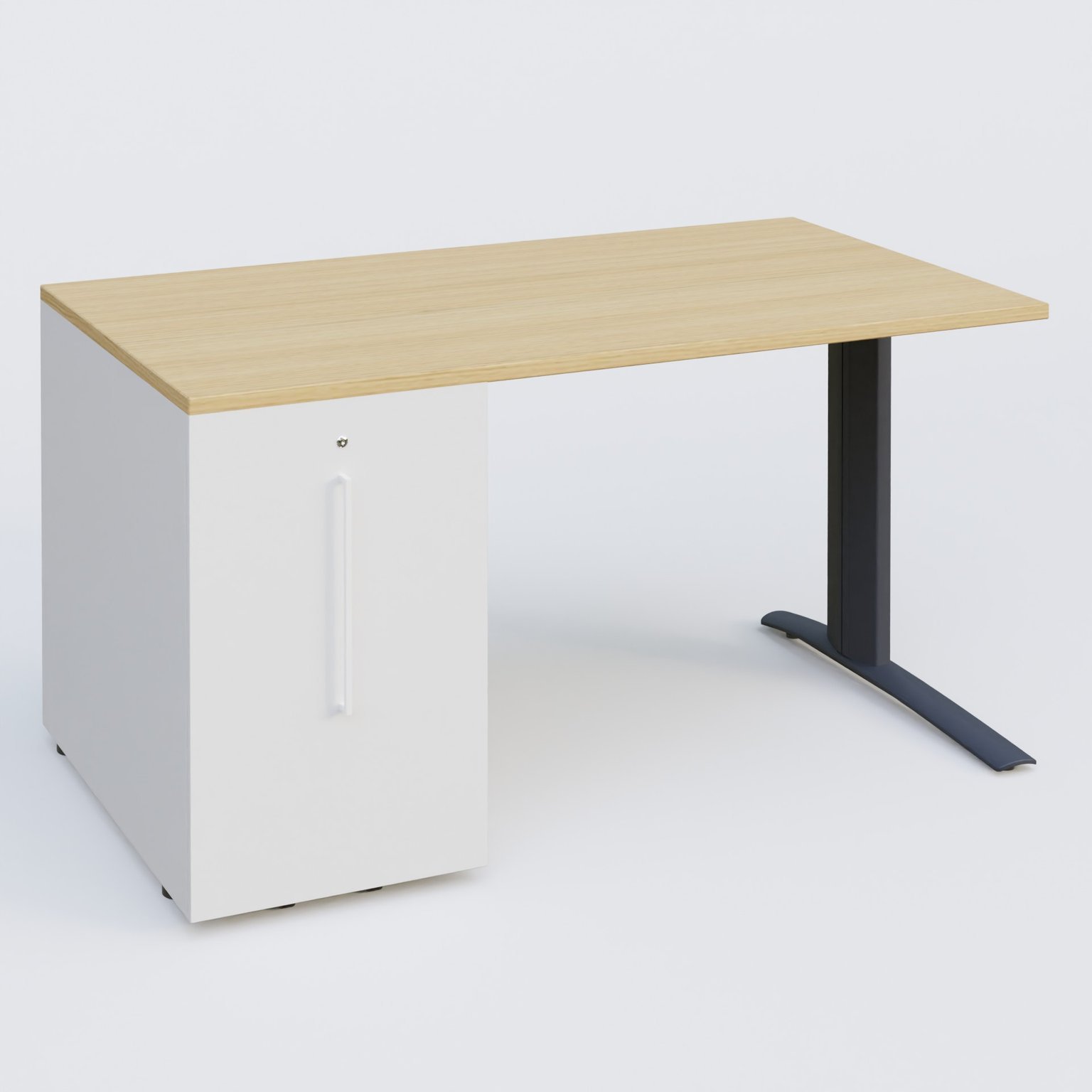 K1 Plateau droit 140x80 avec tour de rangement sous plateau à gauche. Plateau Chêne clair et pietement Anthracite