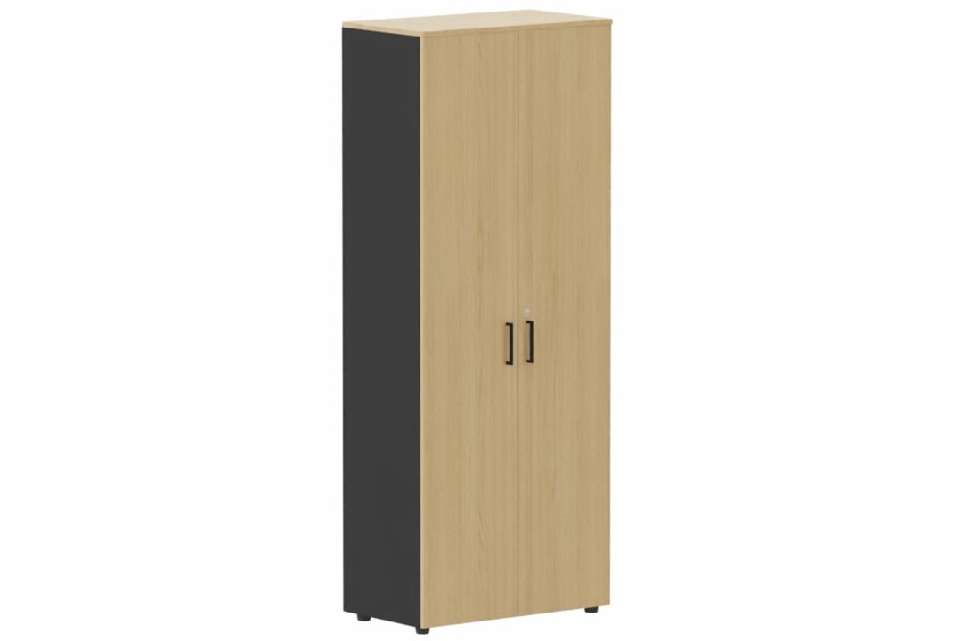 Armoire mélamine H196xL100cm portes bois, -Finitions= Top de finition : Chêne (CE) / Corps d'armoire et tablettes : noir / Façade : Chêne (CE)